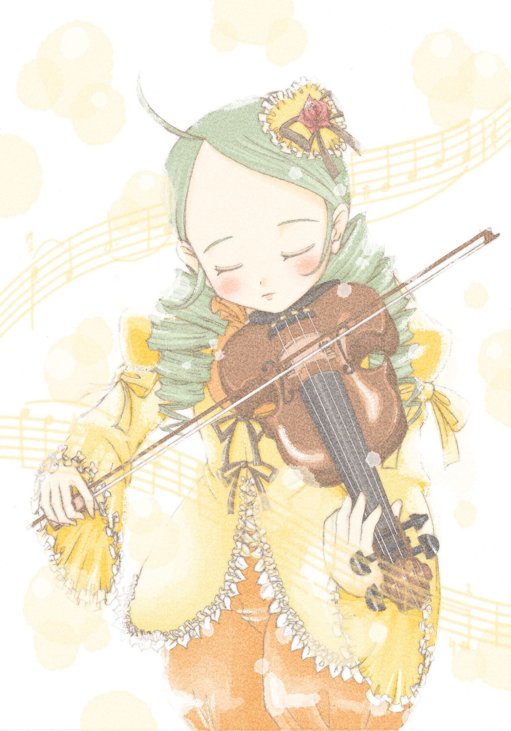 1girl acoustic_guitar beamed_eighth_notes bow_(instrument) closed_eyes dress eighth_note flower frills green_hair guitar holding_instrument image instrument kanaria long_sleeves music musical_note playing_instrument quarter_note rose solo staff_(music) treble_clef violin yellow_dress