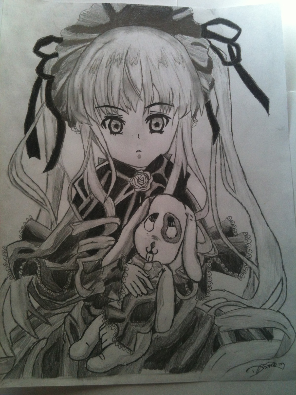 1girl dress greyscale hair_ribbon holding_stuffed_toy image long_hair long_sleeves monochrome ribbon shinku solo stuffed_animal stuffed_bunny traditional_media twintails very_long_hair