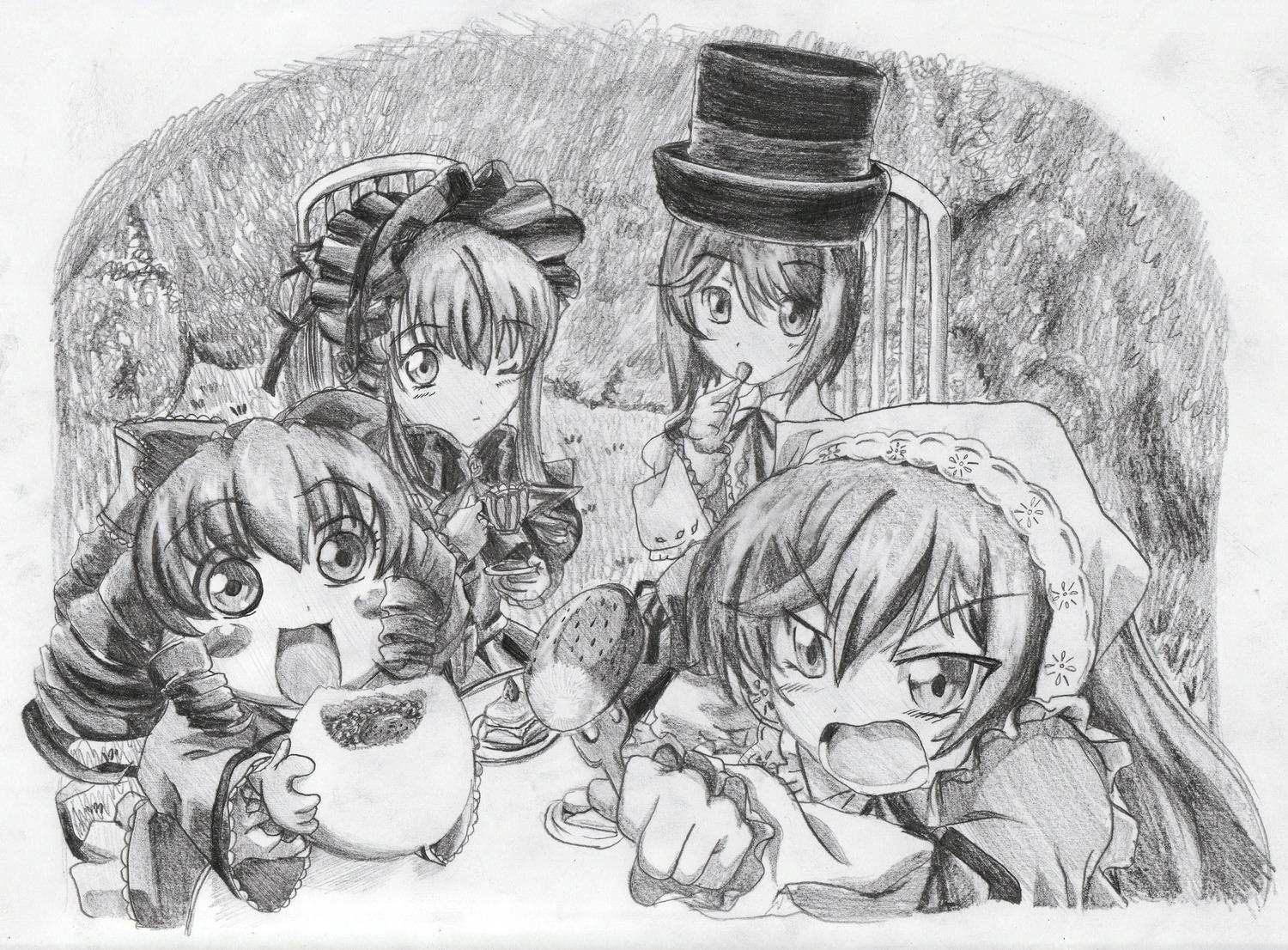 4girls bowl drill_hair eating food greyscale hat image monochrome multiple multiple_girls open_mouth short_hair siblings sisters suiseiseki tagme traditional_media