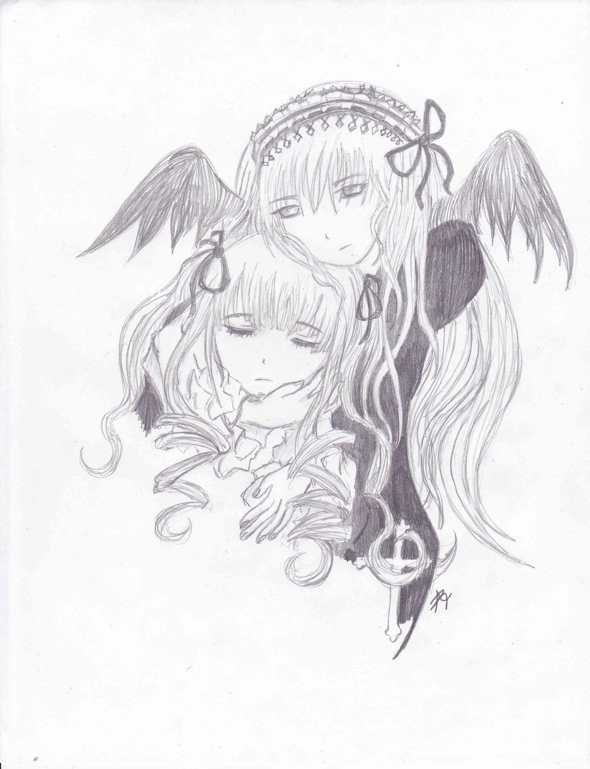 2girls black_wings dress feathered_wings greyscale hairband image long_hair long_sleeves looking_at_viewer monochrome multiple_girls pair ribbon shinku simple_background suigintou traditional_media upper_body white_background wings