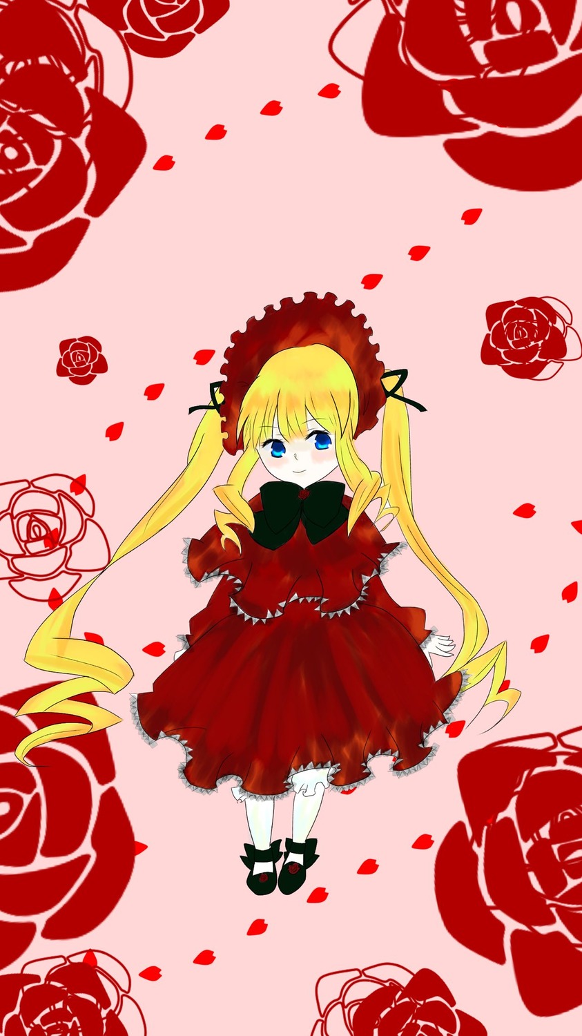 1girl blonde_hair blue_eyes blush bonnet bow dress flower image long_hair long_sleeves petals pink_rose red_dress red_flower red_rose rose rose_petals shinku solo twintails very_long_hair