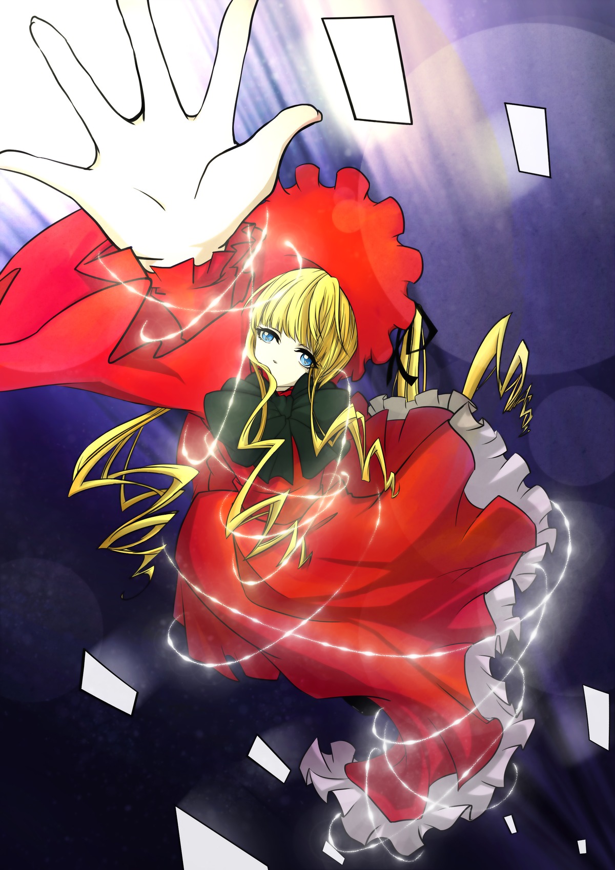 1girl bangs blonde_hair blue_eyes bonnet bow card dress drill_hair flower image long_hair long_sleeves looking_at_viewer red_dress shinku solo