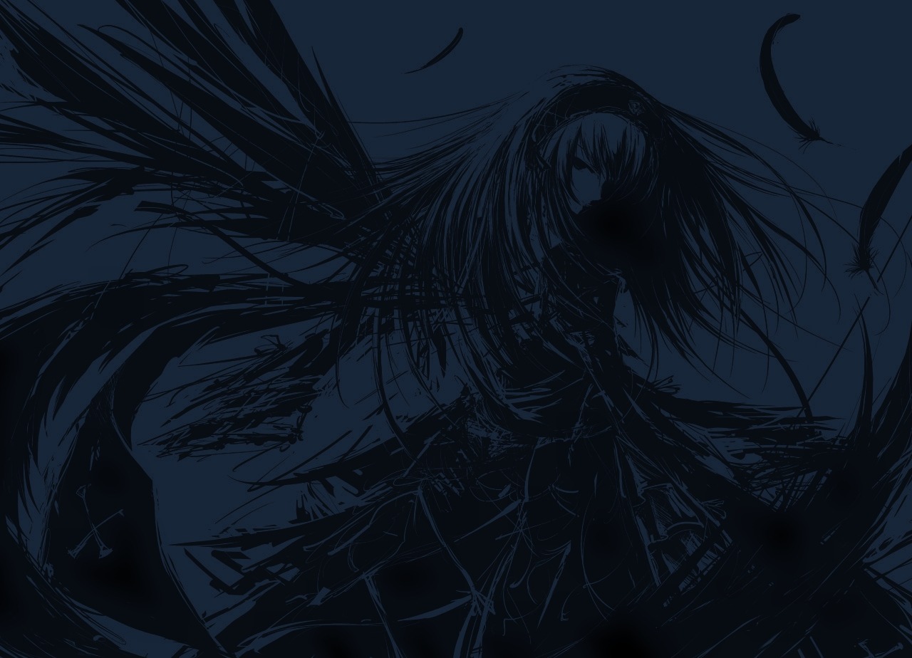 1girl closed_eyes dress feathers floating_hair hairband image long_hair monochrome solo standing suigintou very_long_hair wings