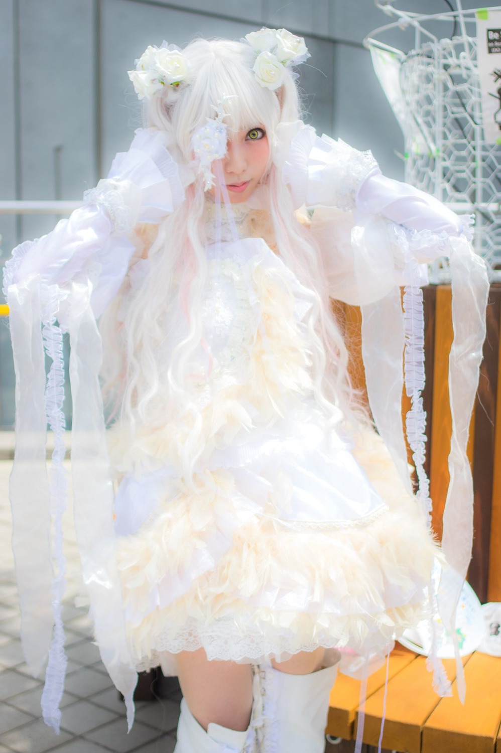 1girl blurry dress flower frills green_eyes hair_ornament indoors kirakishou lace solo standing tile_floor tiles veil wedding_dress white_dress white_hair white_legwear white_theme