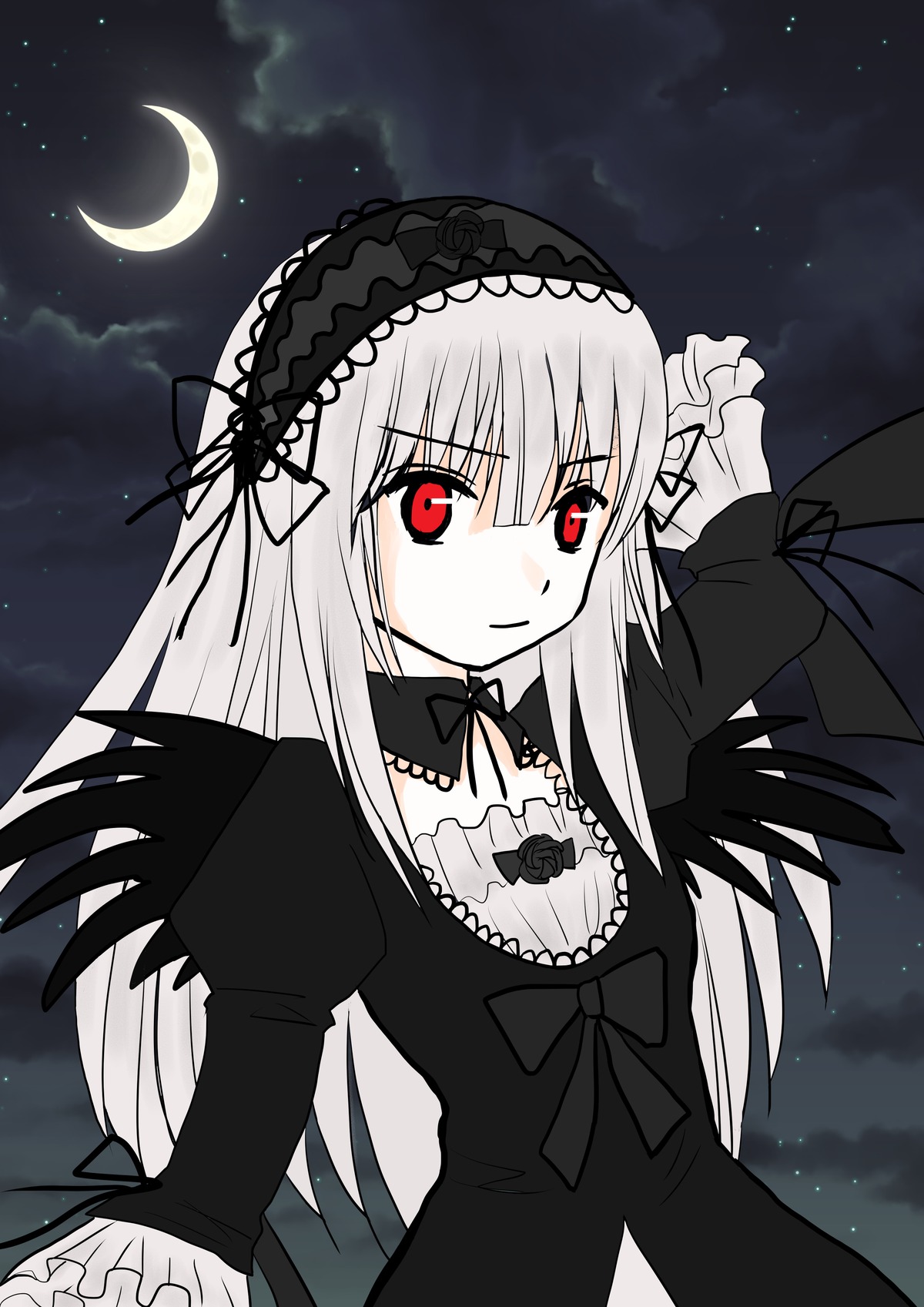 1girl black_dress black_wings cloud crescent_moon dress frills gothic_lolita hairband image lolita_fashion lolita_hairband long_hair long_sleeves moon night night_sky red_eyes silver_hair sky solo star_(sky) starry_sky suigintou wings