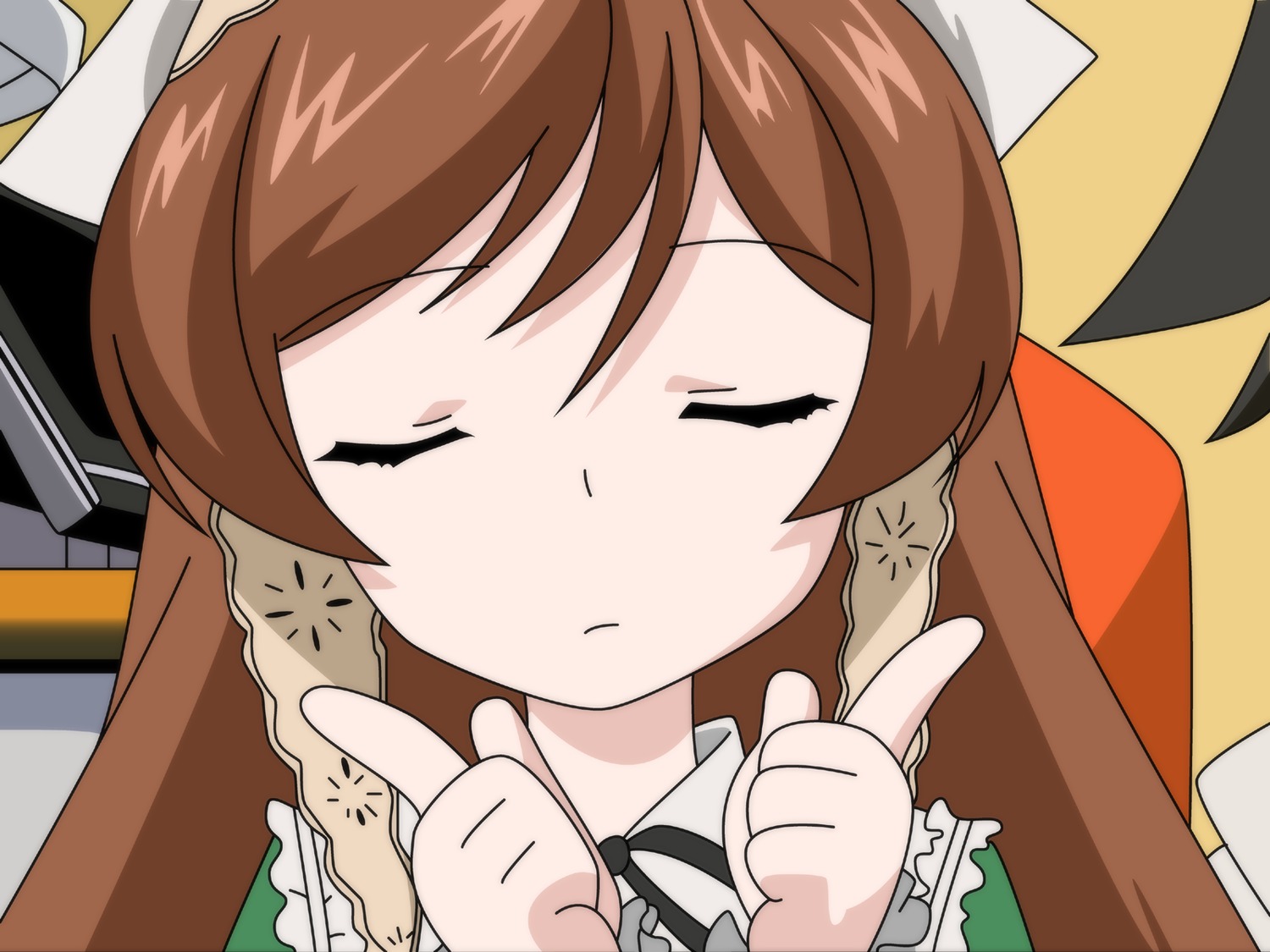 1girl bored brown_hair cheek_poking closed_eyes finger_to_mouth hat highres image index_finger_raised long_hair photoshop_(medium) pointing poking ribbon rozen_maiden screencap shushing solo star_(symbol) suiseiseki thumbs_up vector_trace