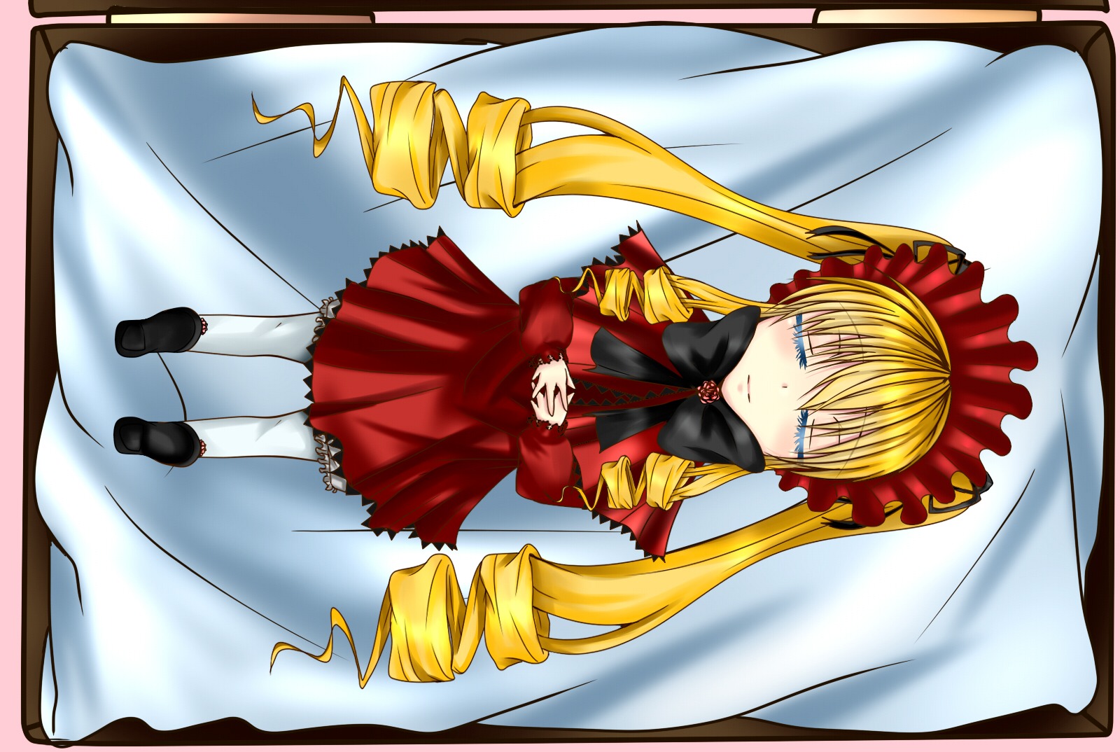 1girl blonde_hair blue_eyes blush bonnet bow dress drill_hair full_body image long_hair long_sleeves pantyhose red_dress shinku shoes solo standing twin_drills twintails white_legwear