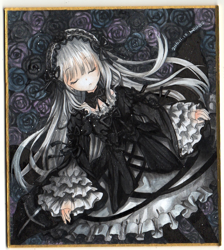 1girl black_dress black_flower black_rose blue_flower blue_rose closed_eyes colored_pencil_(medium) dated dress flower frilled_sleeves frills gothic_lolita hairband image lolita_fashion long_hair long_sleeves marker_(medium) purple_flower purple_rose red_rose ribbon rose shikishi silver_hair solo suigintou traditional_media very_long_hair watercolor_(medium)