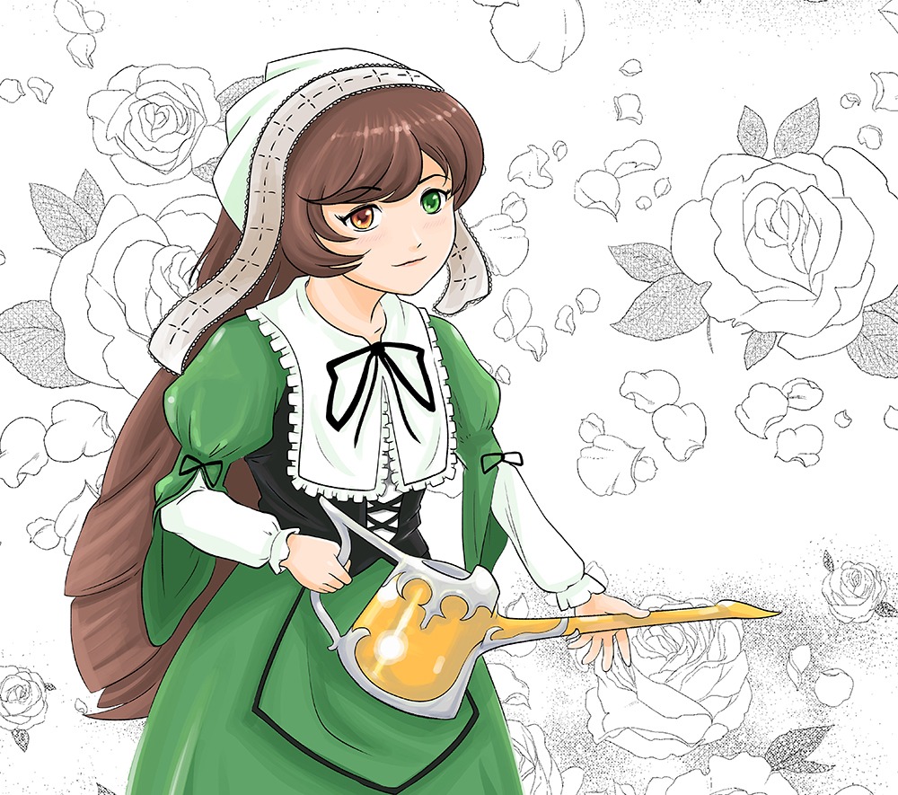 1girl auto_tagged brown_hair dress flower frills green_dress green_eyes heterochromia image juliet_sleeves long_hair long_sleeves pink_rose ribbon rose smile solo suiseiseki very_long_hair watering_can white_flower white_rose yellow_rose