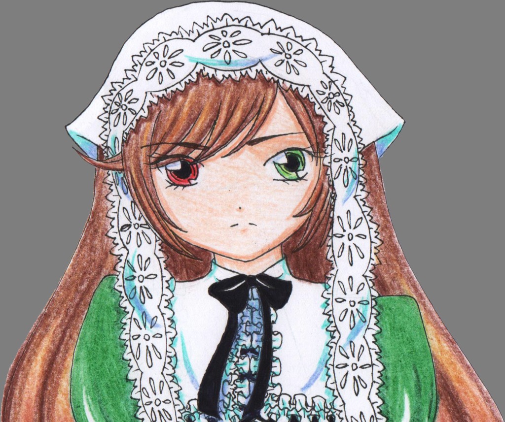 1girl bangs bow brown_hair closed_mouth dress frills green_dress green_eyes image lace long_hair looking_at_viewer red_eyes ribbon simple_background solo suiseiseki transparent_background upper_body