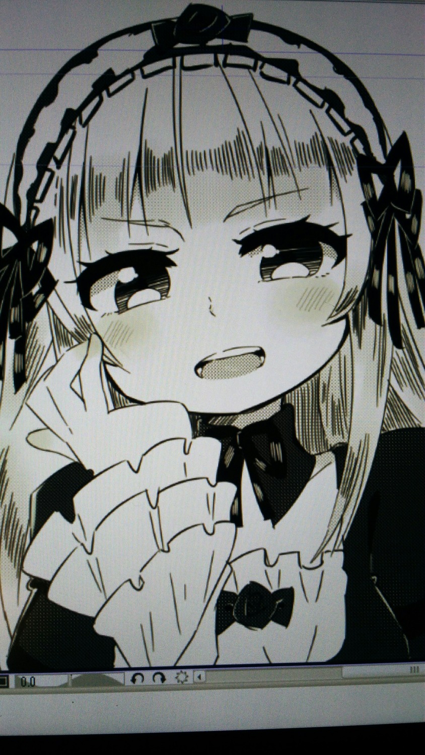 1girl bangs blush bow dress eyebrows_visible_through_hair frilled_hairband greyscale hairband image long_hair long_sleeves looking_at_viewer monochrome open_mouth smile solo suigintou traditional_media upper_body virtual_youtuber
