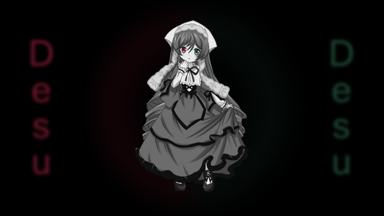 1girl brown_hair character_name dress full_body green_eyes heterochromia image long_hair long_sleeves looking_at_viewer red_eyes ribbon shoes smile solo suiseiseki