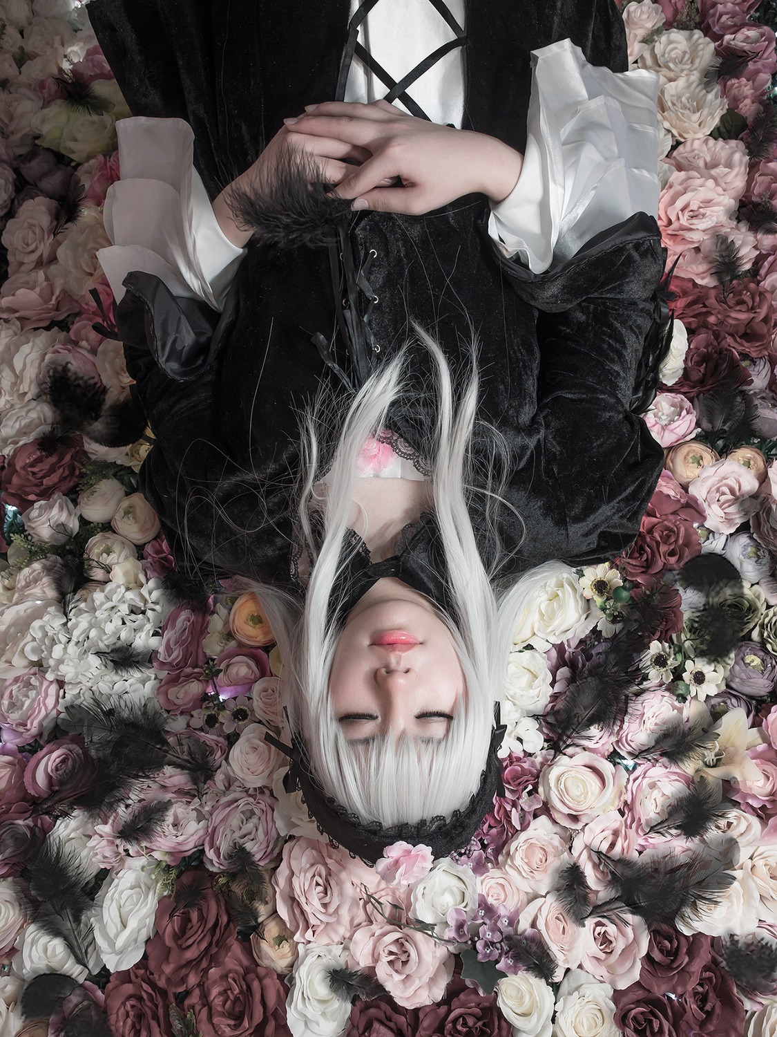 1girl black_flower black_rose choker closed_eyes dress facing_viewer flower gothic_lolita lips long_hair pink_flower pink_rose purple_rose red_flower red_rose rose rose_petals solo suigintou thorns white_flower white_hair white_rose yellow_rose