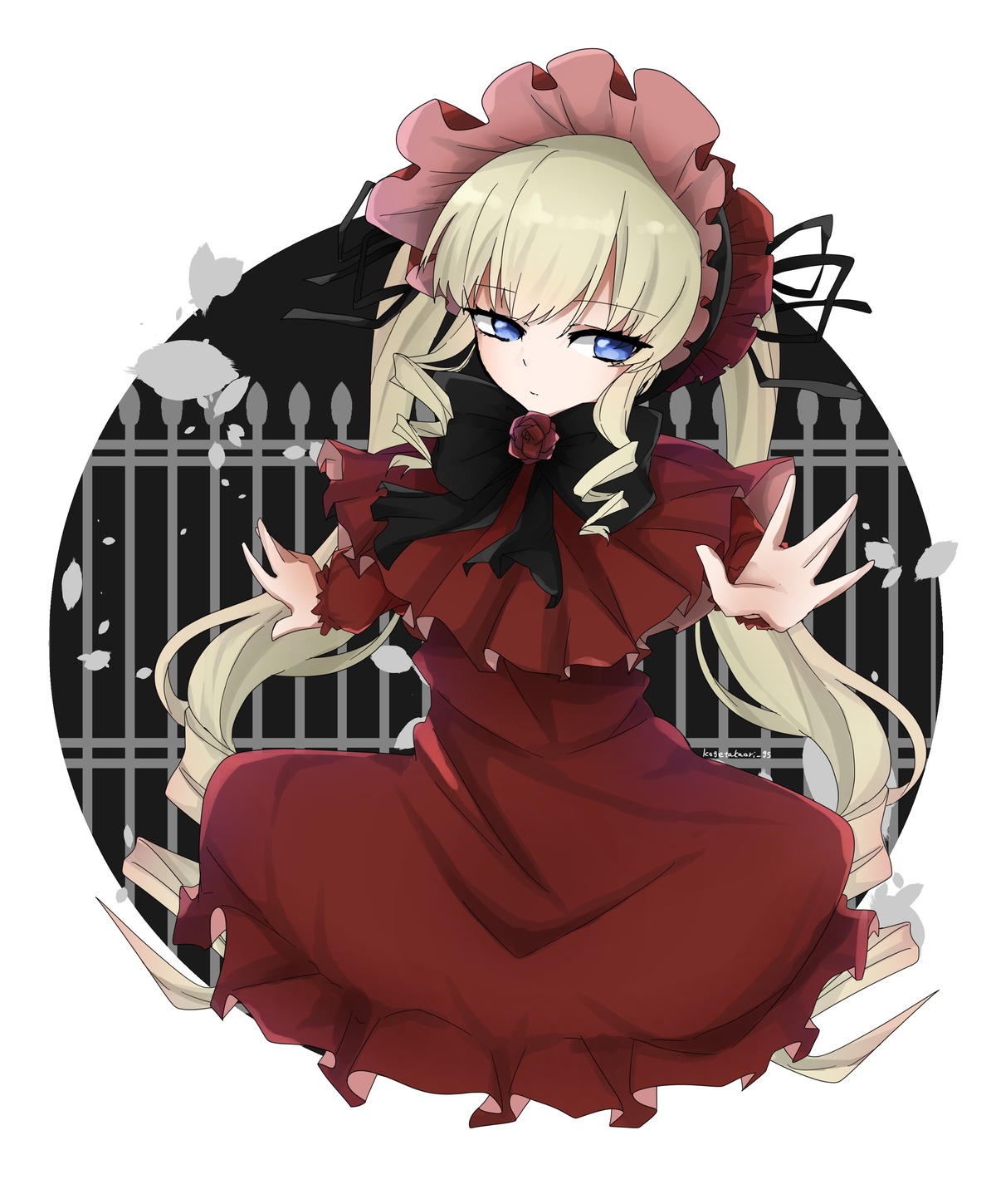 1girl blonde_hair blue_eyes bonnet bow bowtie dress flower image long_hair long_sleeves looking_at_viewer red_dress red_flower red_rose rose shinku solo twintails very_long_hair