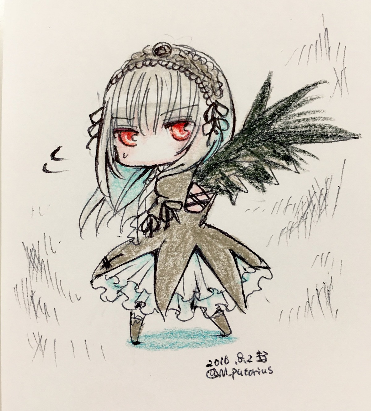 1girl bangs black_wings boots dress feathered_wings flower frills full_body hairband image long_hair long_sleeves looking_at_viewer red_eyes ribbon solo standing suigintou traditional_media wings