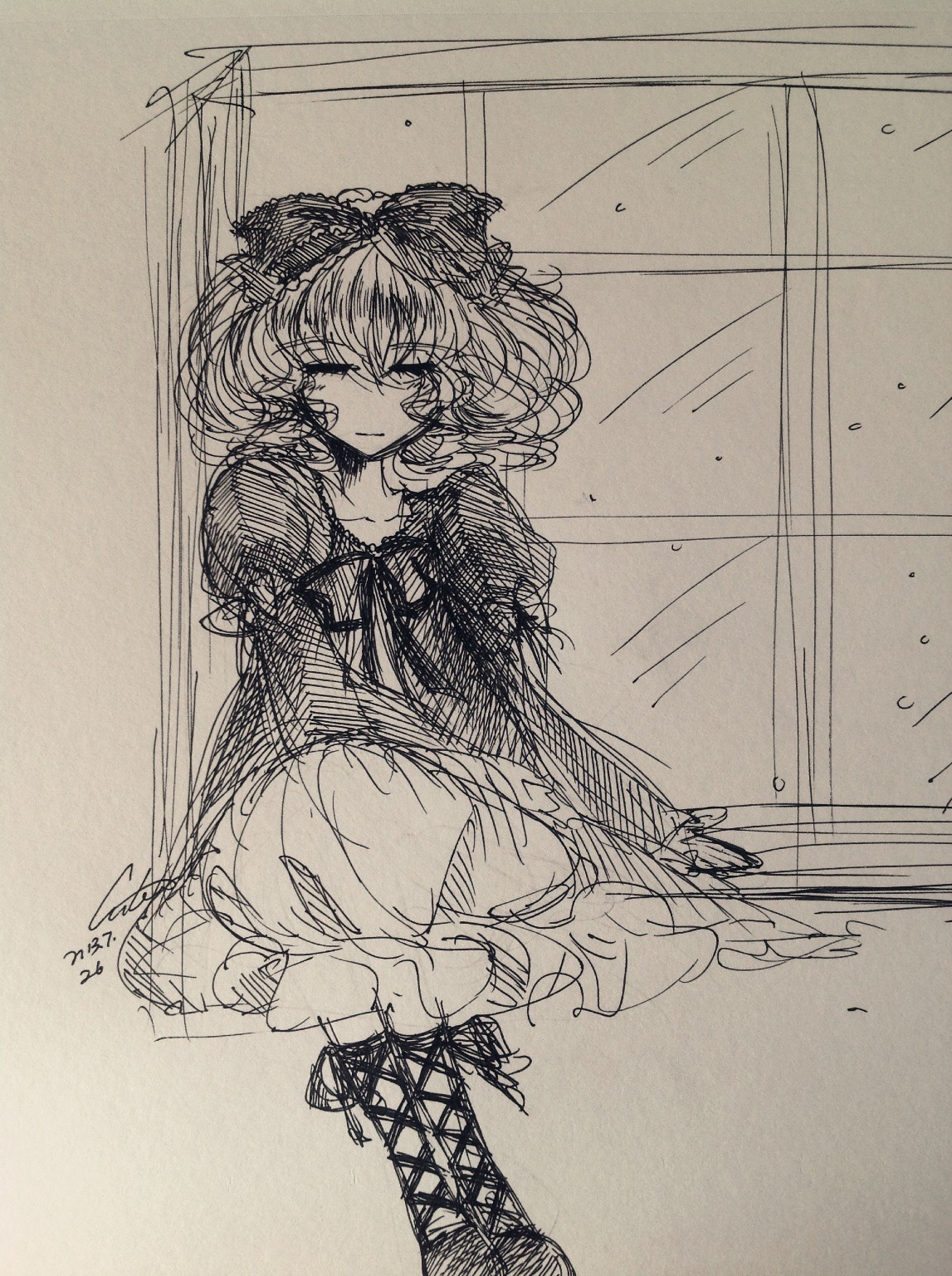 1girl bow cross-laced_footwear dress greyscale hair_bow hinaichigo image kagiyama_hina looking_at_viewer monochrome puffy_short_sleeves puffy_sleeves ribbon sitting sketch solo traditional_media