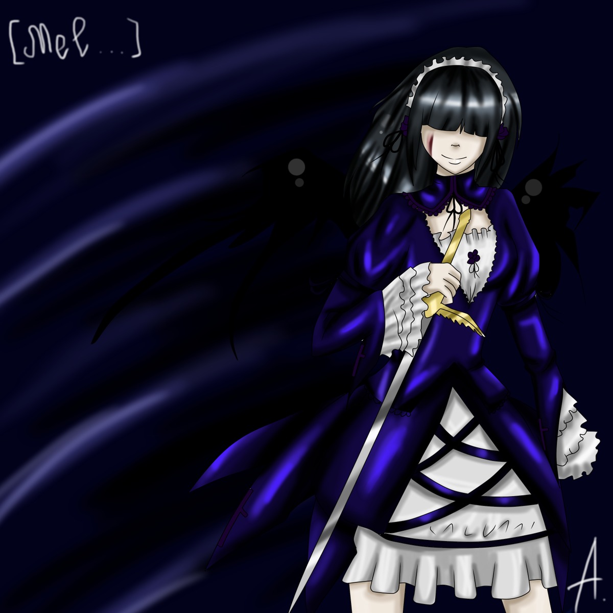 1girl bangs black_hair black_wings blunt_bangs closed_eyes dress frills hairband holding image long_hair long_sleeves ribbon smile solo suigintou wings