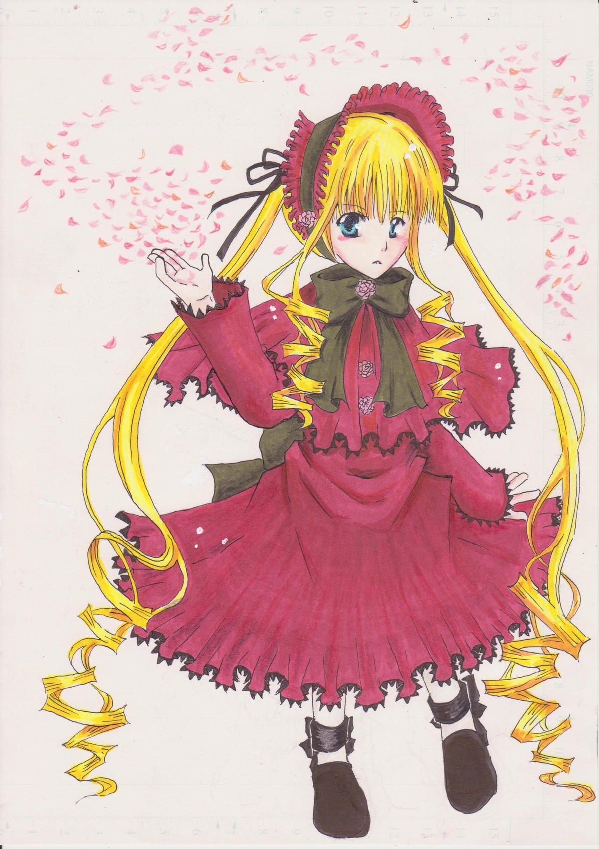 1girl blonde_hair blue_eyes bonnet bow bowtie dress drill_hair full_body image long_hair long_sleeves looking_at_viewer petals red_dress shinku solo standing twintails very_long_hair