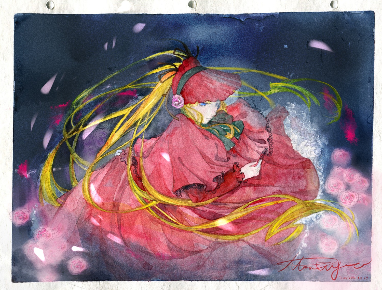 1girl absurdly_long_hair blonde_hair blue_rose bonnet dress flower image long_hair long_sleeves petals pink_flower pink_rose red_dress red_rose rose rose_petals shinku signature solo traditional_media very_long_hair watercolor_(medium)