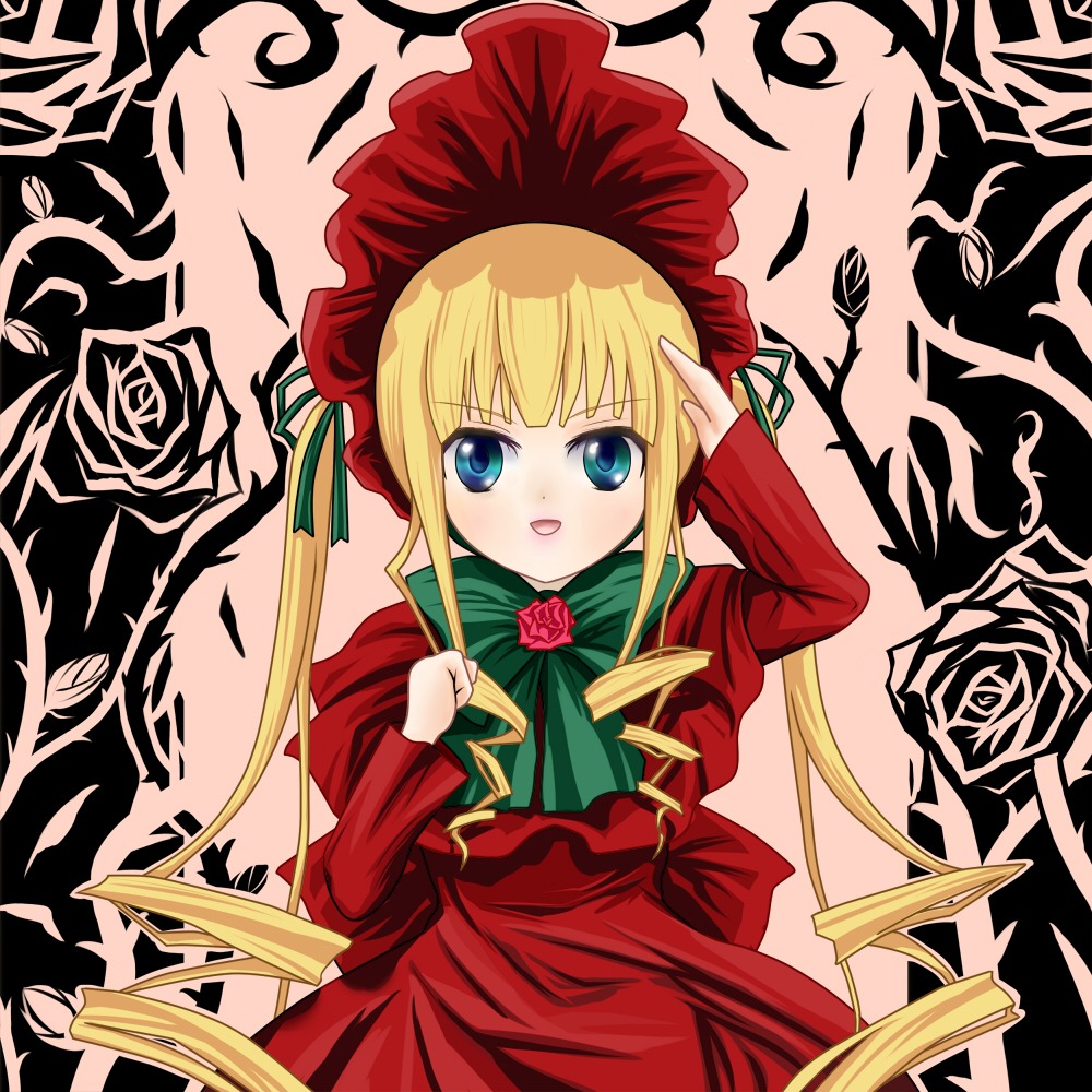 1girl blonde_hair blue_eyes bonnet dress flower green_bow green_neckwear image long_hair long_sleeves looking_at_viewer pink_flower pink_rose red_dress red_flower red_rose rose shinku sidelocks solo twintails very_long_hair yellow_background