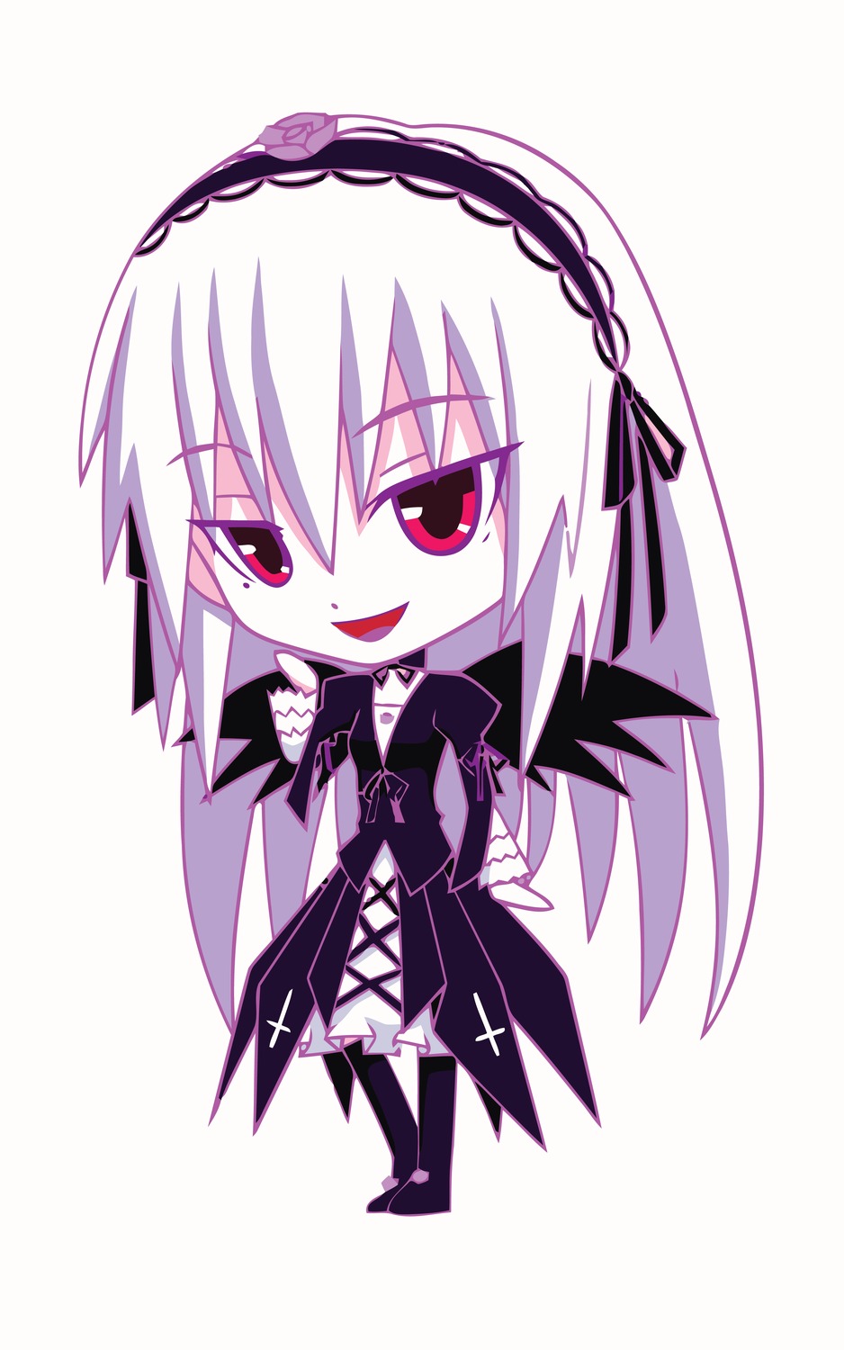 1girl :d chibi dress full_body hairband image long_hair long_sleeves open_mouth smile solo standing striped suigintou white_background white_hair