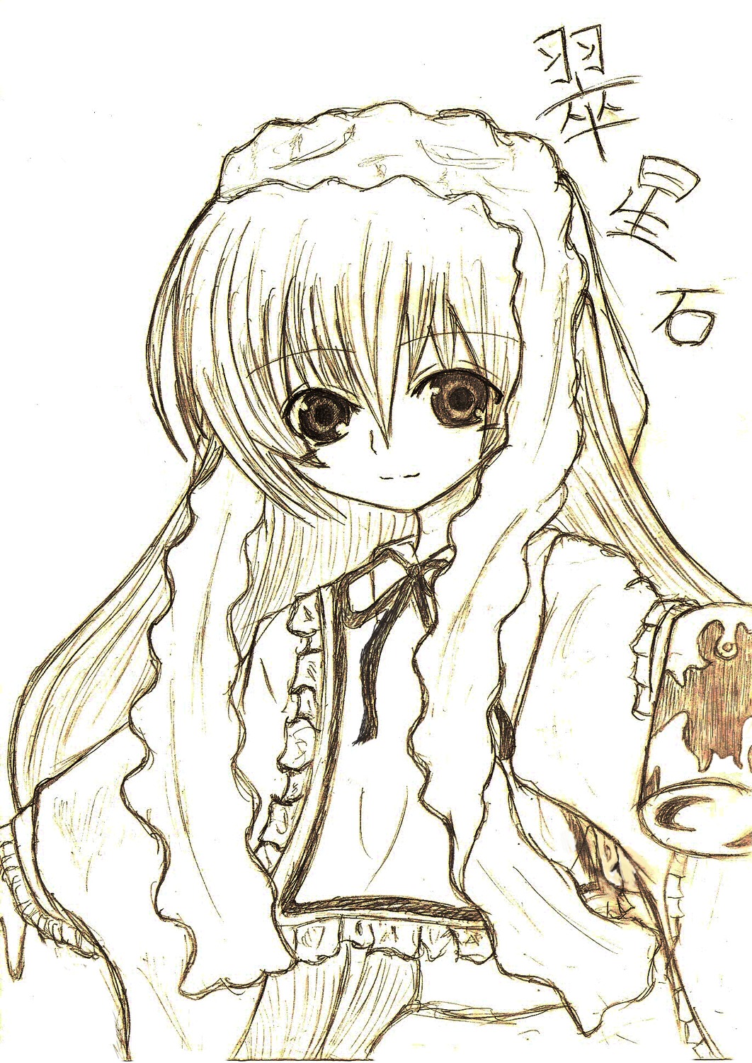 1girl bangs closed_mouth dress eyebrows_visible_through_hair frills image long_hair long_sleeves looking_at_viewer monochrome neck_ribbon ribbon simple_background smile solo suiseiseki traditional_media upper_body very_long_hair white_background