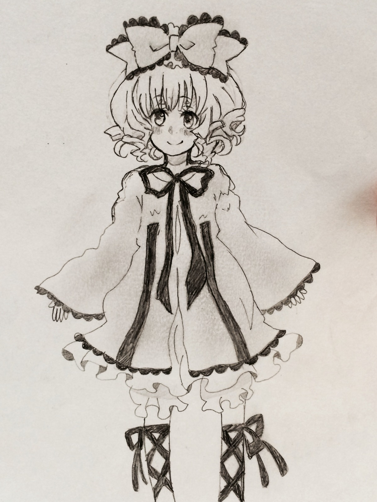 1girl blush bow dress frills greyscale hina_ichigo hinaichigo image long_sleeves looking_at_viewer monochrome ribbon short_hair smile solo traditional_media wide_sleeves