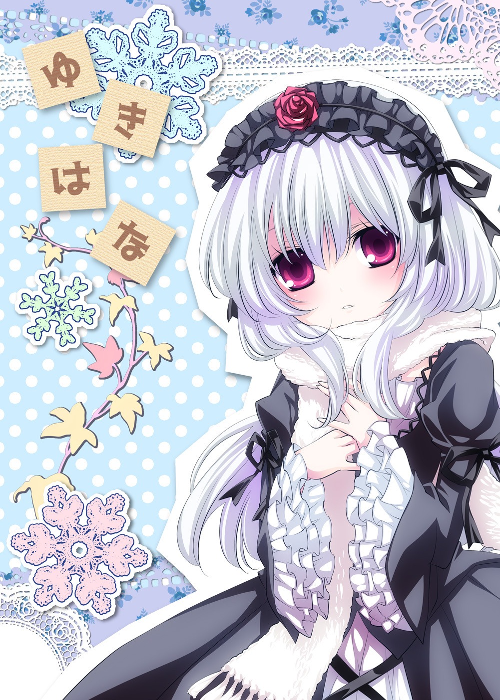 1girl auto_tagged blush dress flower frilled_sleeves frills gothic_lolita hairband image lolita_fashion lolita_hairband long_hair long_sleeves looking_at_viewer polka_dot polka_dot_background ribbon rose silver_hair solo suigintou