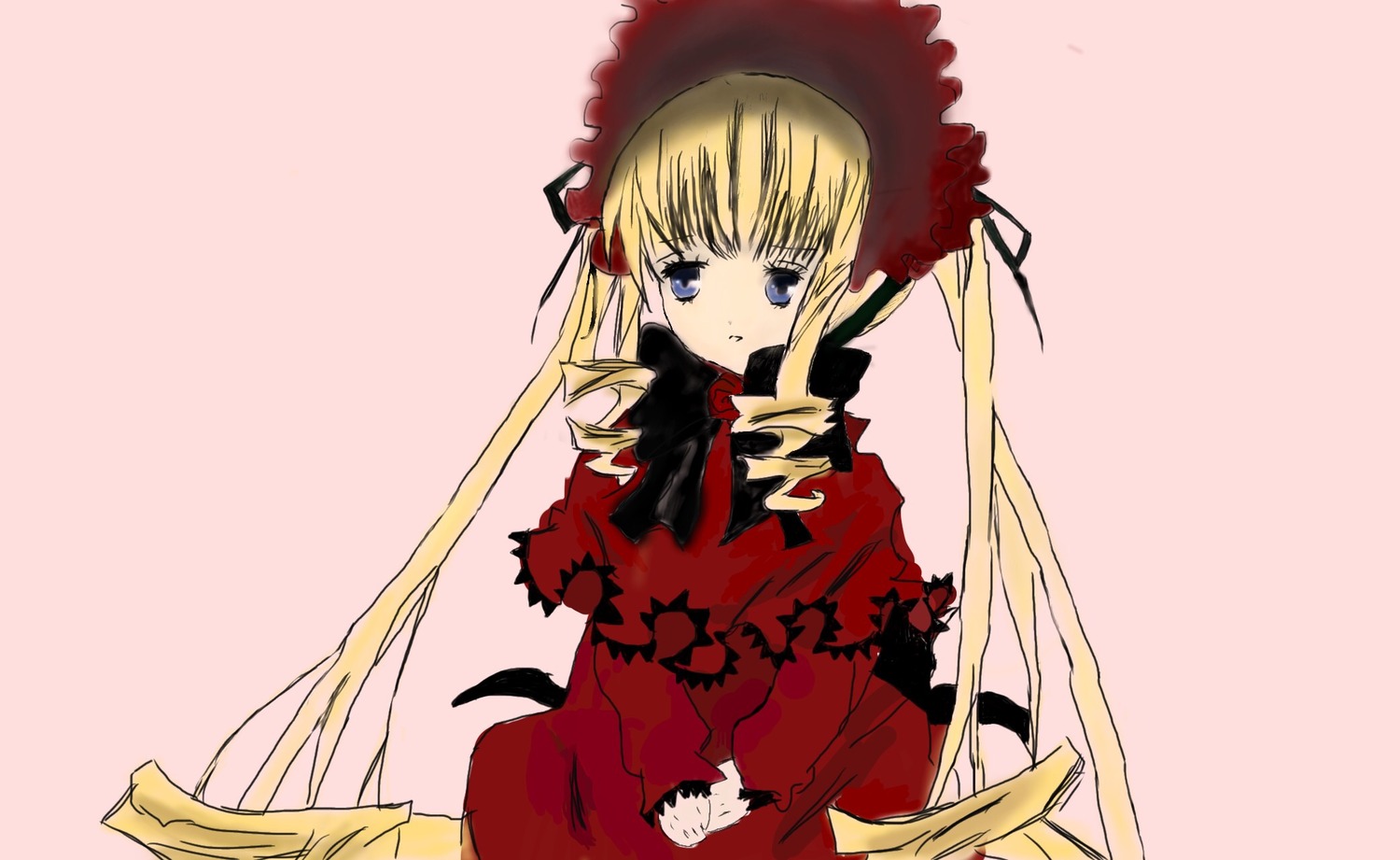 1girl blonde_hair blue_eyes bonnet bow bowtie dress image long_hair long_sleeves looking_at_viewer red_dress shinku sidelocks simple_background solo twintails very_long_hair