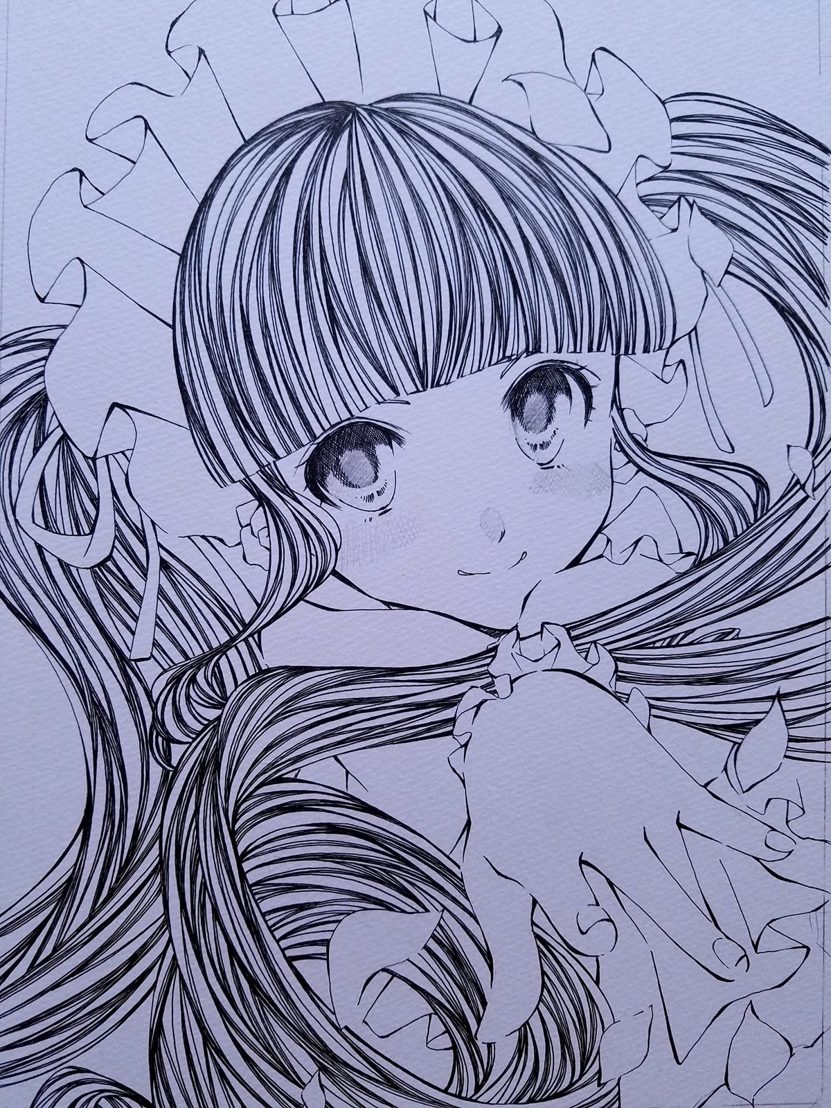 1girl bangs blue_theme blunt_bangs closed_mouth frills image long_hair looking_at_viewer monochrome shinku smile solo traditional_media upper_body