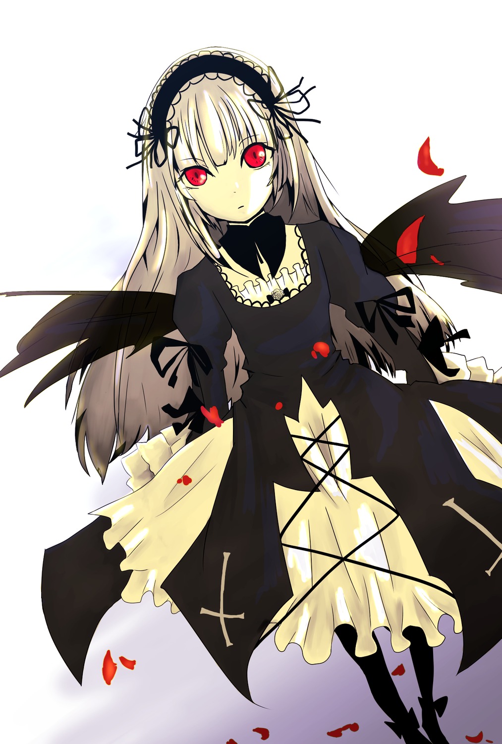 1girl bangs black_dress black_legwear black_wings boots closed_mouth dress expressionless eyebrows_visible_through_hair feathered_wings feathers flower frills hairband image juliet_sleeves long_hair long_sleeves looking_at_viewer petals puffy_sleeves red_eyes ribbon rose rose_petals simple_background solo suigintou white_background wings