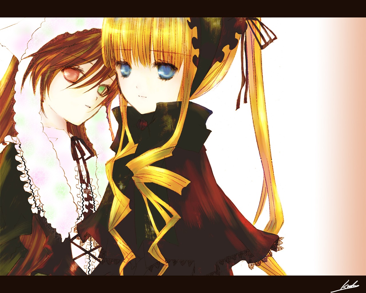 2girls black_ribbon blonde_hair blue_eyes bonnet brown_hair heterochromia image letterboxed long_hair long_sleeves looking_at_viewer multiple_girls pair ribbon shinku simple_background suiseiseki twintails very_long_hair white_background