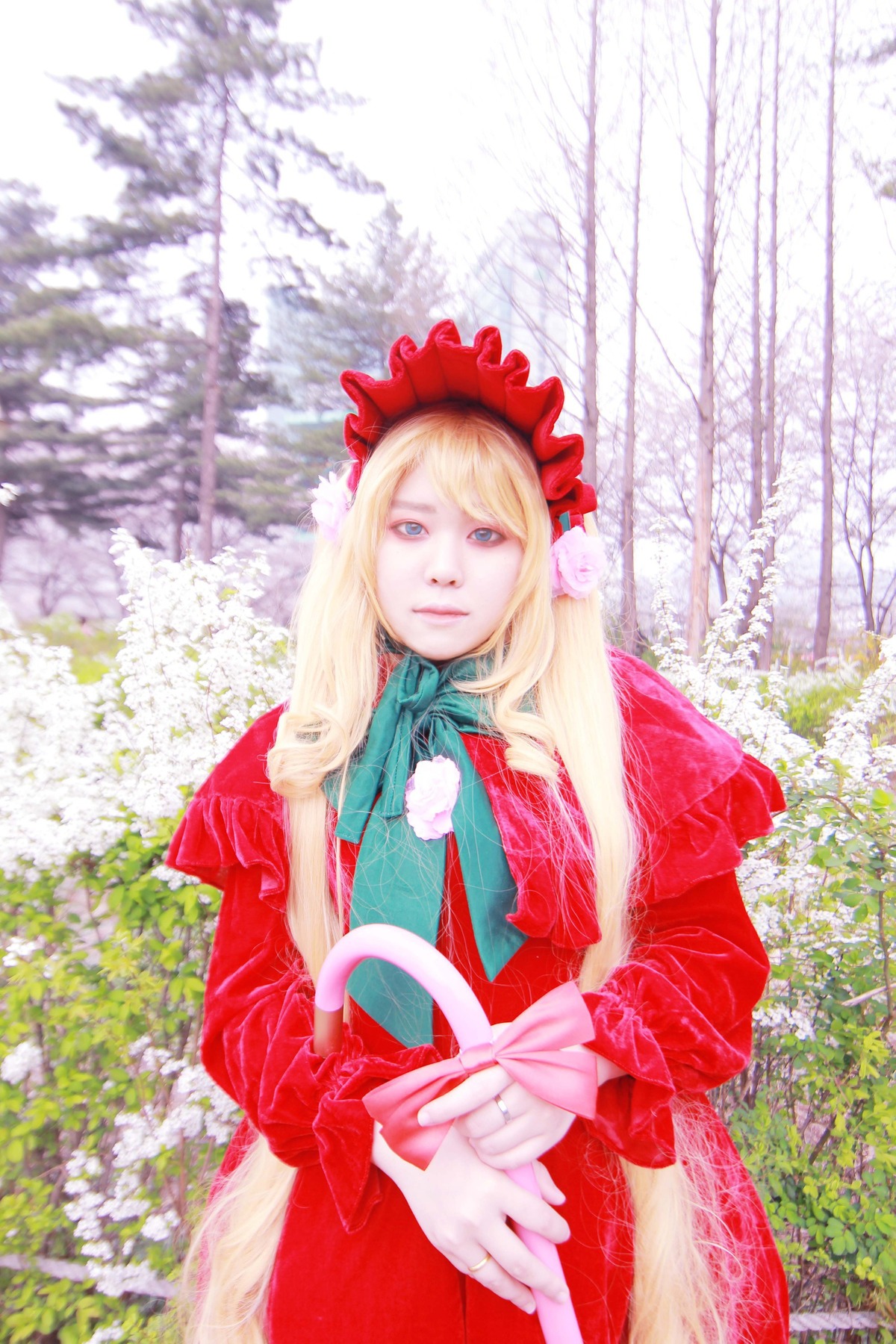 1girl blonde_hair blue_eyes bonnet bow dress flower long_hair realistic red_dress ribbon shinku solo swept_bangs