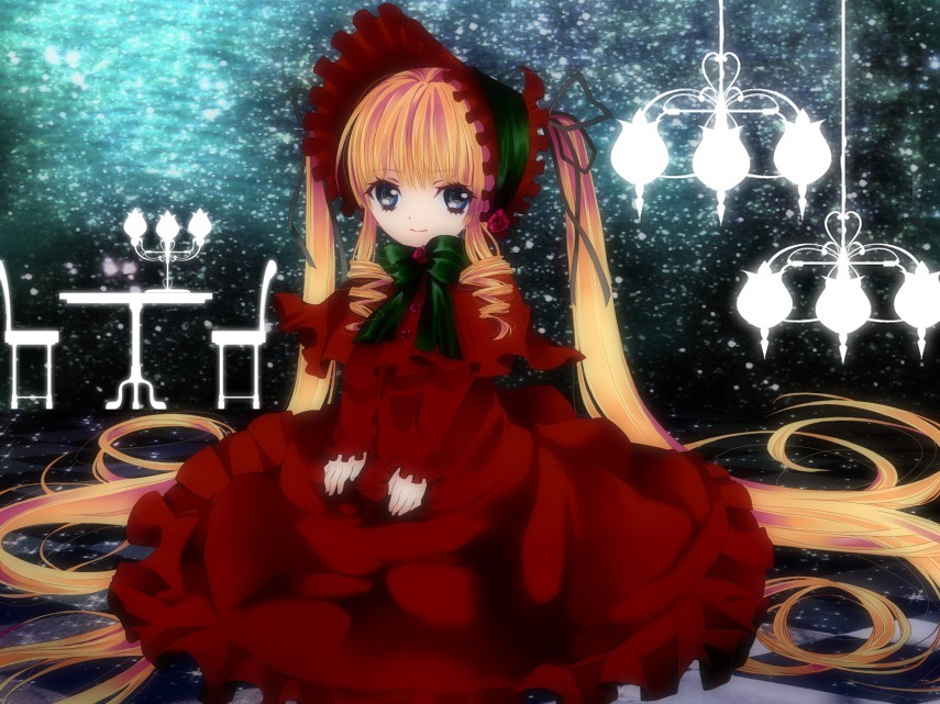 1girl absurdly_long_hair blonde_hair blue_eyes bonnet bow bowtie capelet dress drill_hair frills green_bow image long_hair long_sleeves looking_at_viewer red_dress shinku sitting solo twintails very_long_hair