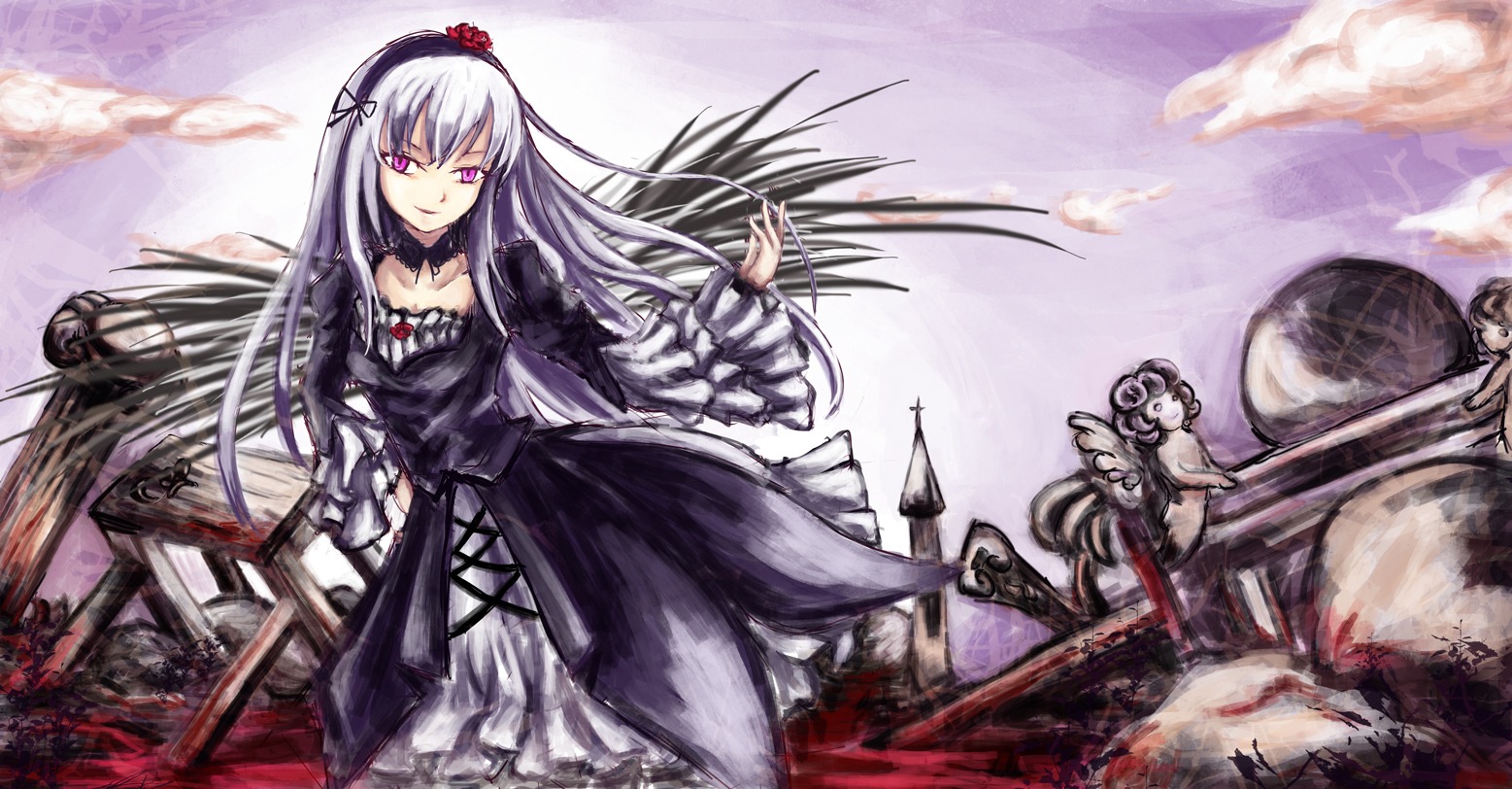 1girl black_wings dress flower frills hairband image long_hair multiple_girls rose silver_hair solo suigintou weapon wings