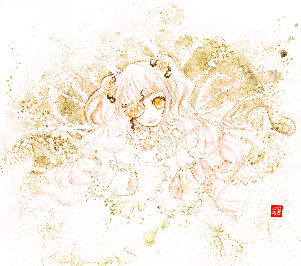 1girl dress eyepatch flower hair_ornament image kirakishou long_hair monochrome pink_hair rose solo traditional_media two_side_up