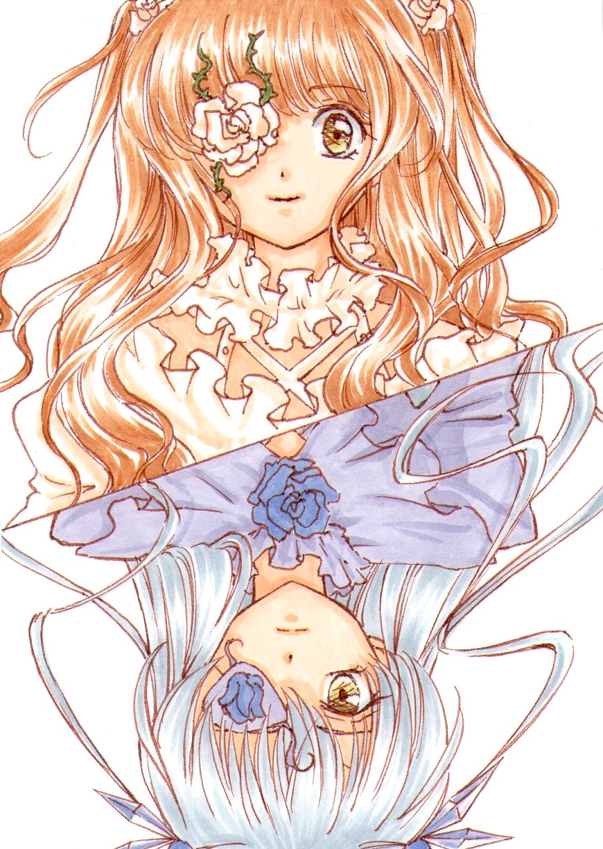 2girls barasuishou blue_flower blue_rose dress eyepatch flower frills hair_ornament image kirakishou long_hair multiple_girls pair ribbon rose smile traditional_media two_side_up white_rose yellow_eyes