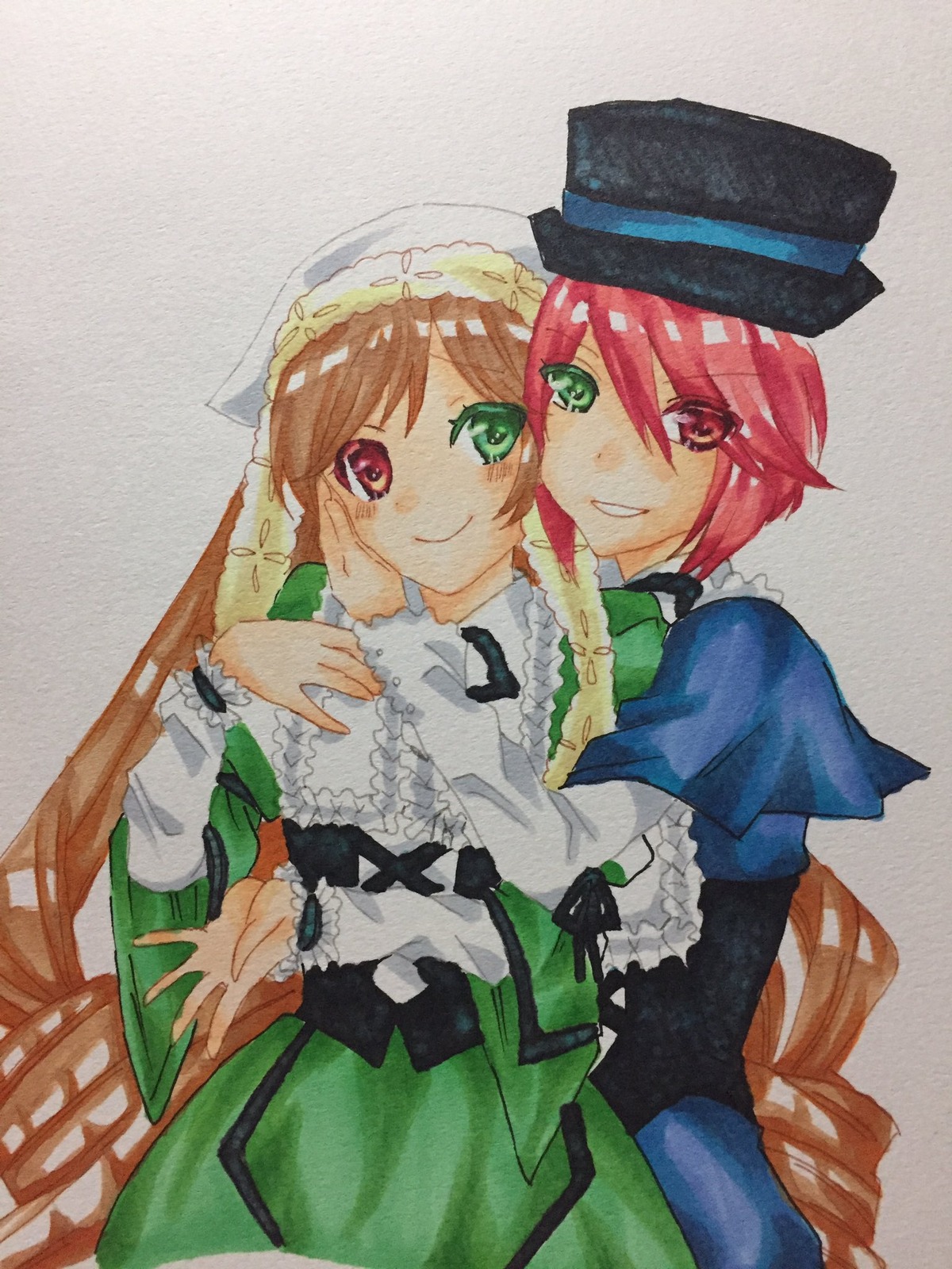 2girls brown_hair dress green_dress hat heterochromia hug image long_hair long_sleeves looking_at_viewer multiple_girls pair red_eyes short_hair siblings sisters smile souseiseki suiseiseki top_hat traditional_media twins