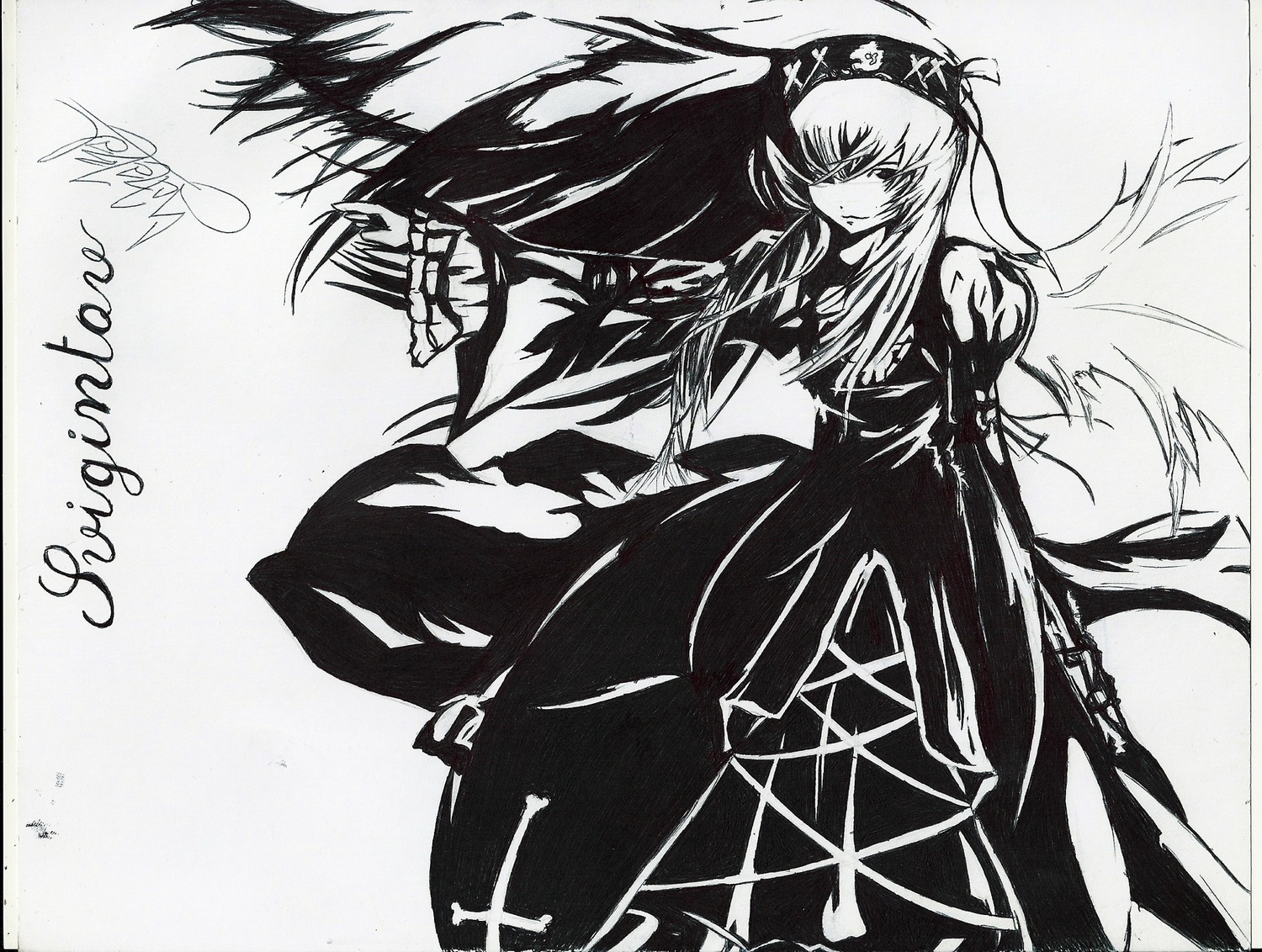 1girl dress greyscale image long_hair long_sleeves looking_at_viewer monochrome puffy_sleeves solo suigintou traditional_media wings