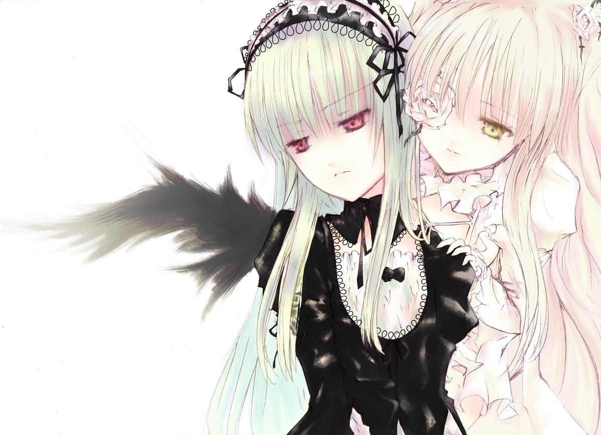 2girls bangs black_wings blonde_hair bonnet commentary_request detached_collar dress eyepatch flower frills hairband image kawanakajima kirakishou long_hair long_sleeves looking_at_viewer multiple_girls pair photoshop_(medium) pink_eyes red_eyes rose rozen_maiden silver_hair simple_background suigintou upper_body white_background wings yellow_eyes