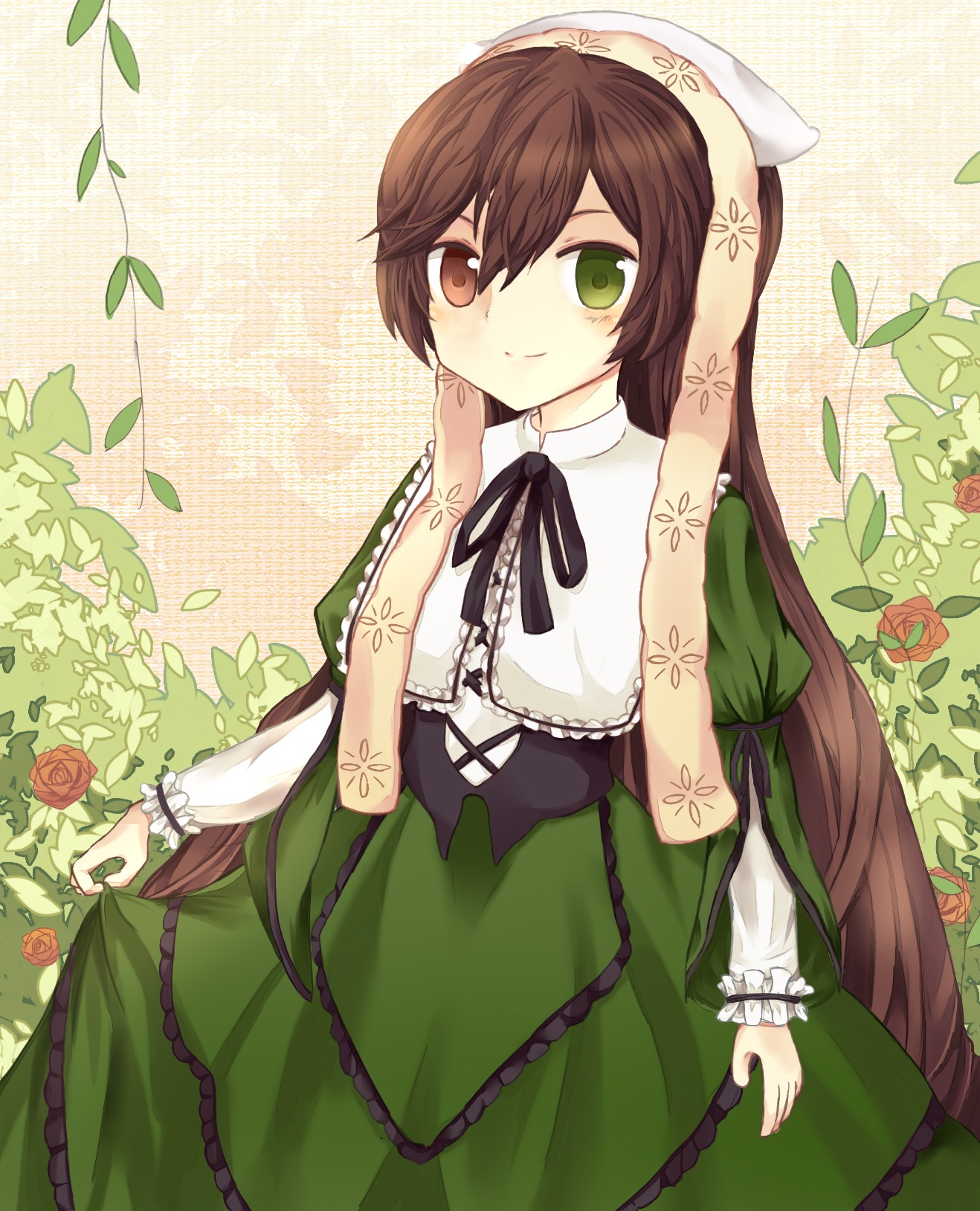 1girl black_ribbon brown_hair dress flower frills green_dress green_eyes head_scarf heterochromia image leaf lolita_fashion long_hair long_sleeves ribbon rose smile solo suiseiseki very_long_hair