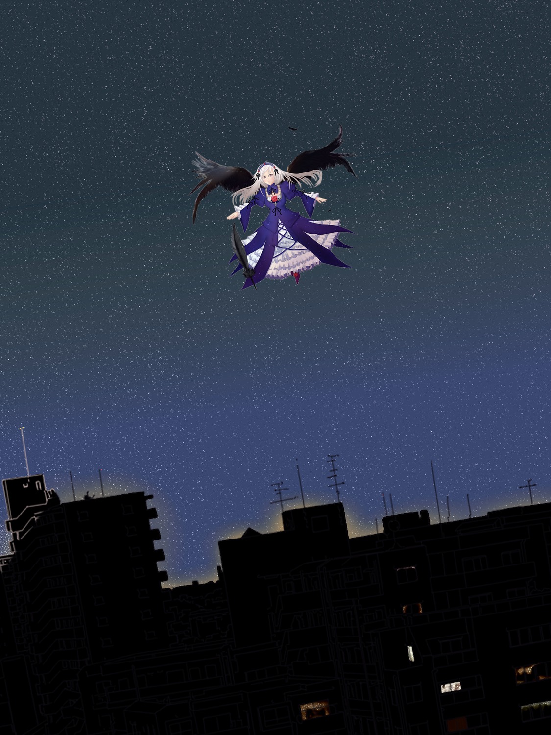 1girl building constellation image long_hair night night_sky shooting_star sky solo star_(sky) starry_sky suigintou wings