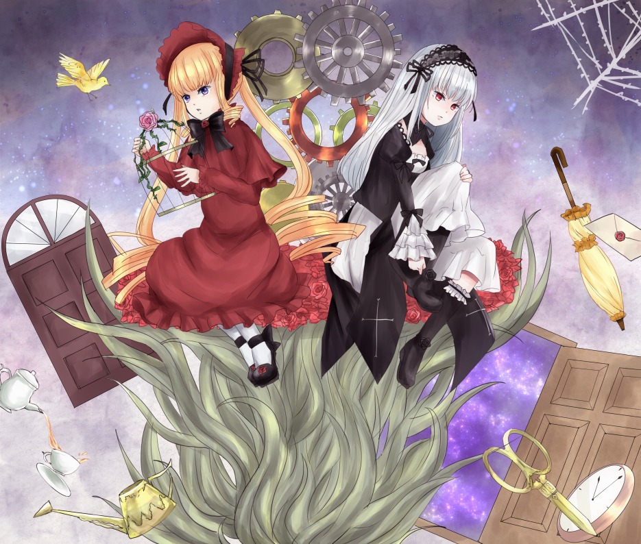 2girls blonde_hair blue_butterfly blue_eyes bonnet bow bug butterfly clock dress flower hairband image insect long_hair long_sleeves looking_at_viewer multiple_girls pair red_dress red_eyes rose shinku silver_hair suigintou teacup very_long_hair wings