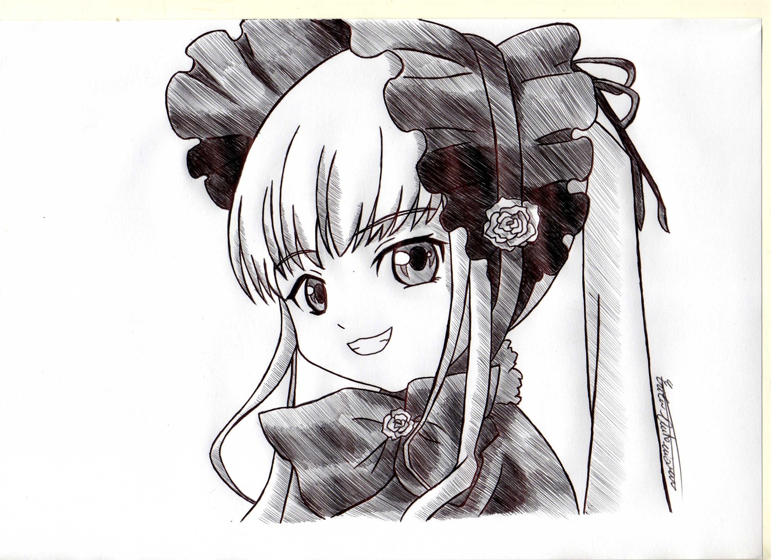 1girl bangs bonnet bow flower greyscale grin image long_hair looking_at_viewer monochrome rose shinku simple_background smile solo traditional_media white_background