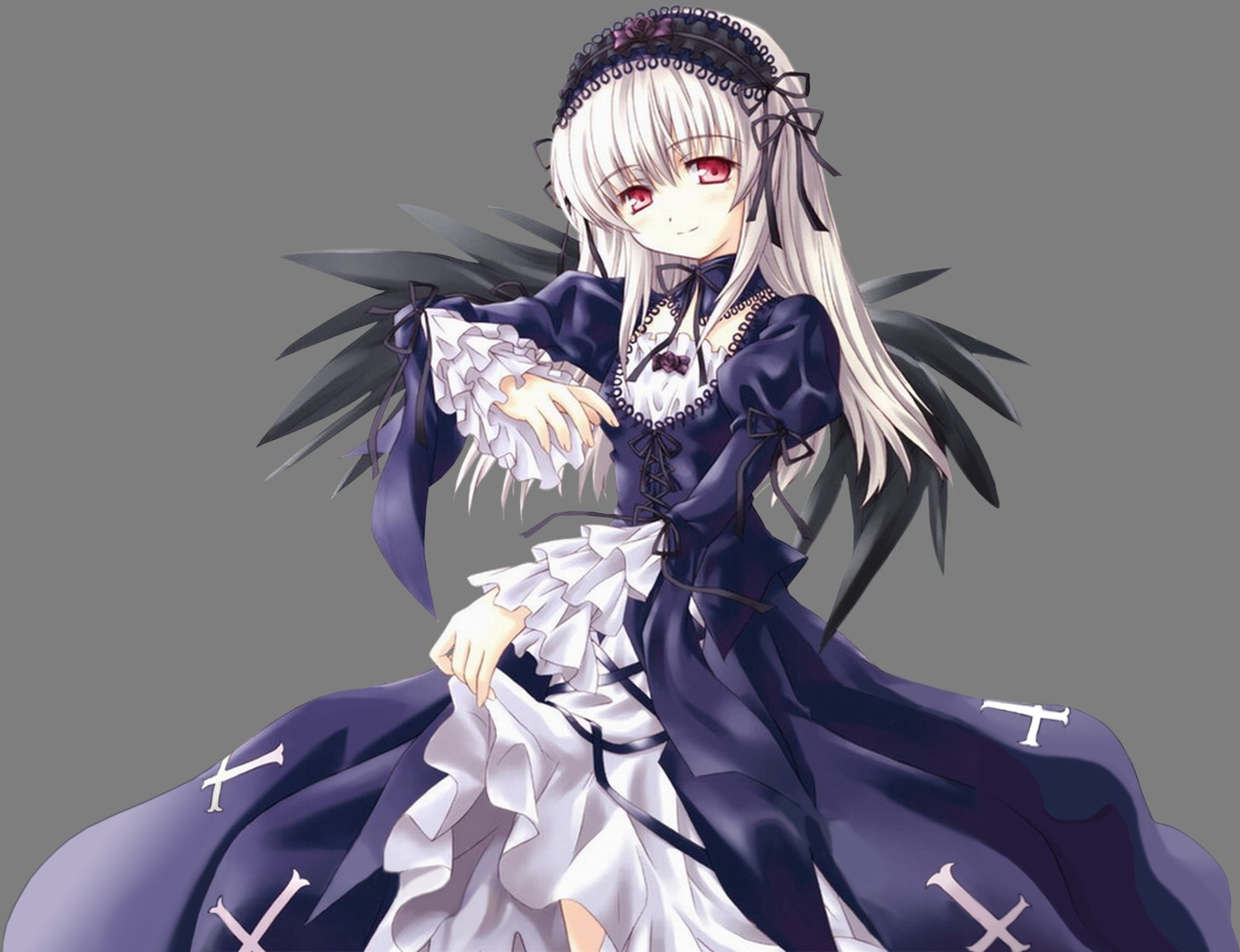 1girl black_ribbon cross cross-laced_clothes dress frills hairband image juliet_sleeves lolita_fashion lolita_hairband long_hair long_sleeves looking_at_viewer puffy_sleeves red_eyes ribbon rose silver_hair smile solo suigintou wings