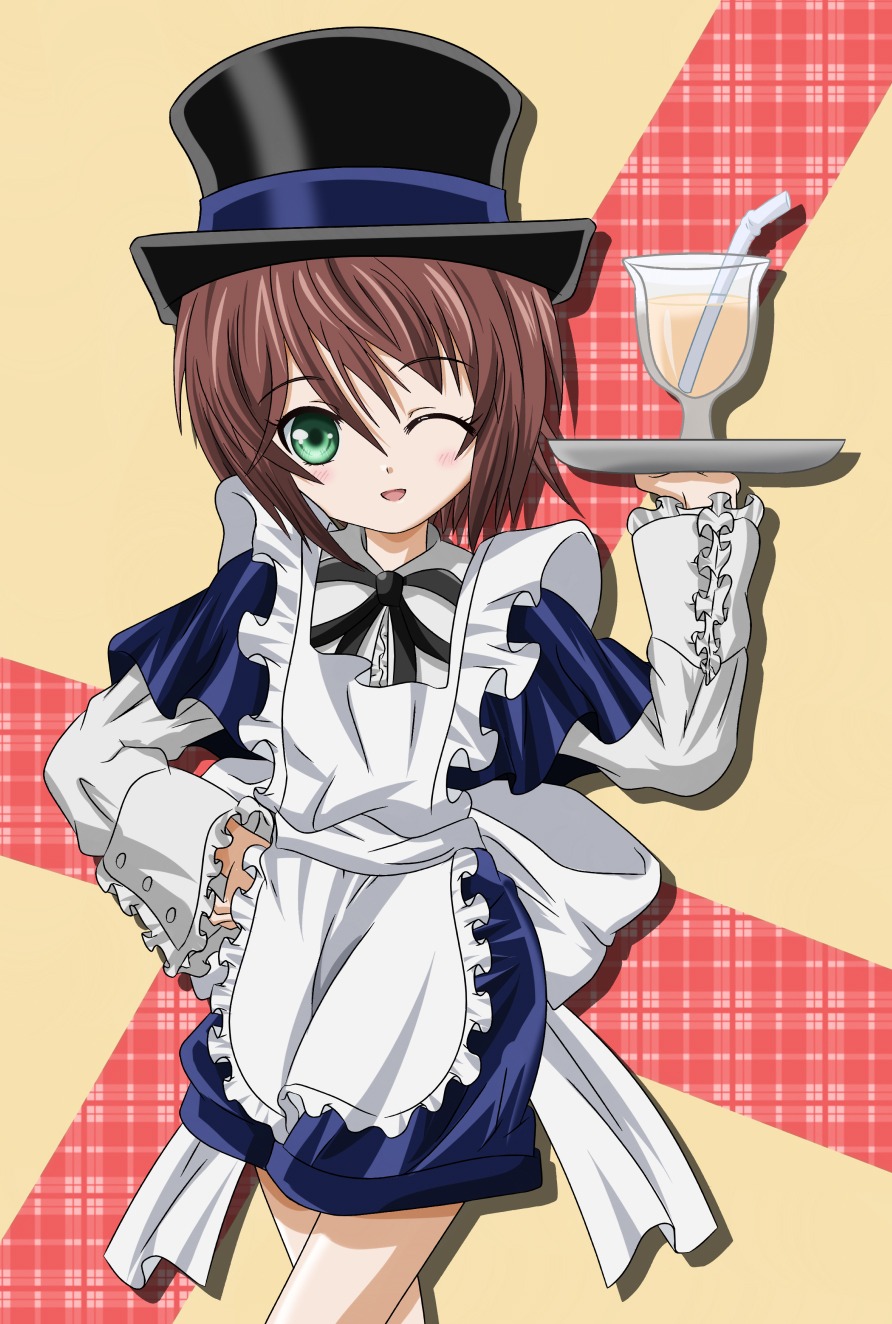 1girl apron brown_hair commentary_request cup green_eyes hand_on_hip hat highres image long_sleeves looking_at_viewer one_eye_closed ribbon rozen_maiden short_hair smile solo souseiseki takumi_(rozen_garten) tray