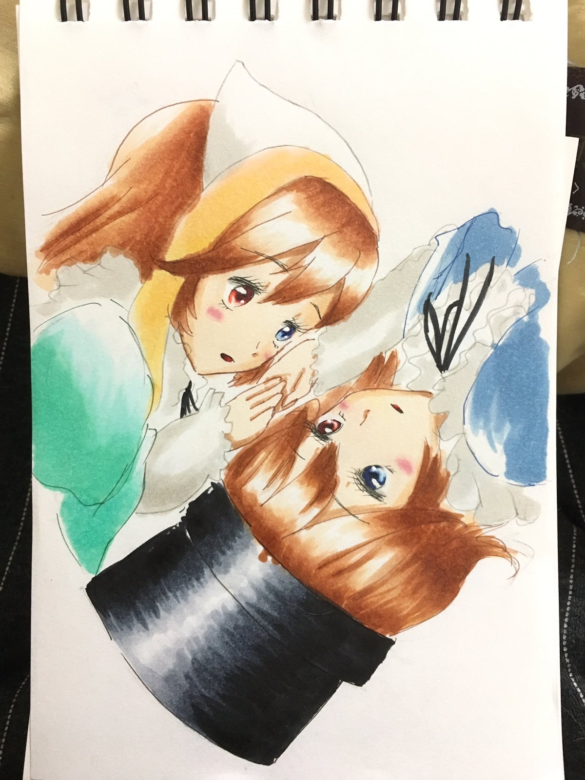 2girls :o black_ribbon blue_eyes blush brown_hair dress hat head_scarf heterochromia image long_sleeves multiple_girls open_mouth pair red_eyes ribbon short_hair siblings sisters souseiseki suiseiseki traditional_media twins watercolor_(medium)