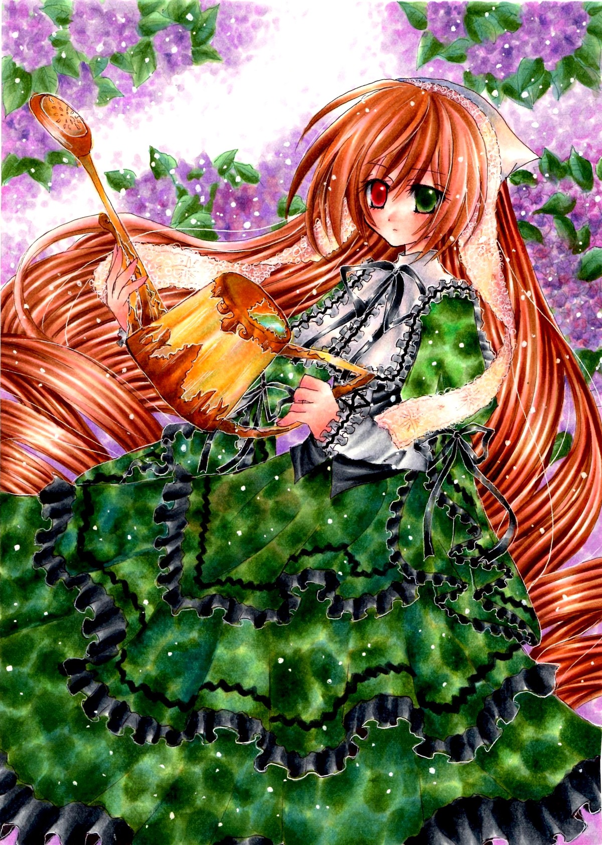 1girl brown_hair dress flower frills green_dress green_eyes head_scarf heterochromia holding image lolita_fashion long_hair long_sleeves looking_at_viewer red_eyes solo suiseiseki twintails very_long_hair watering_can