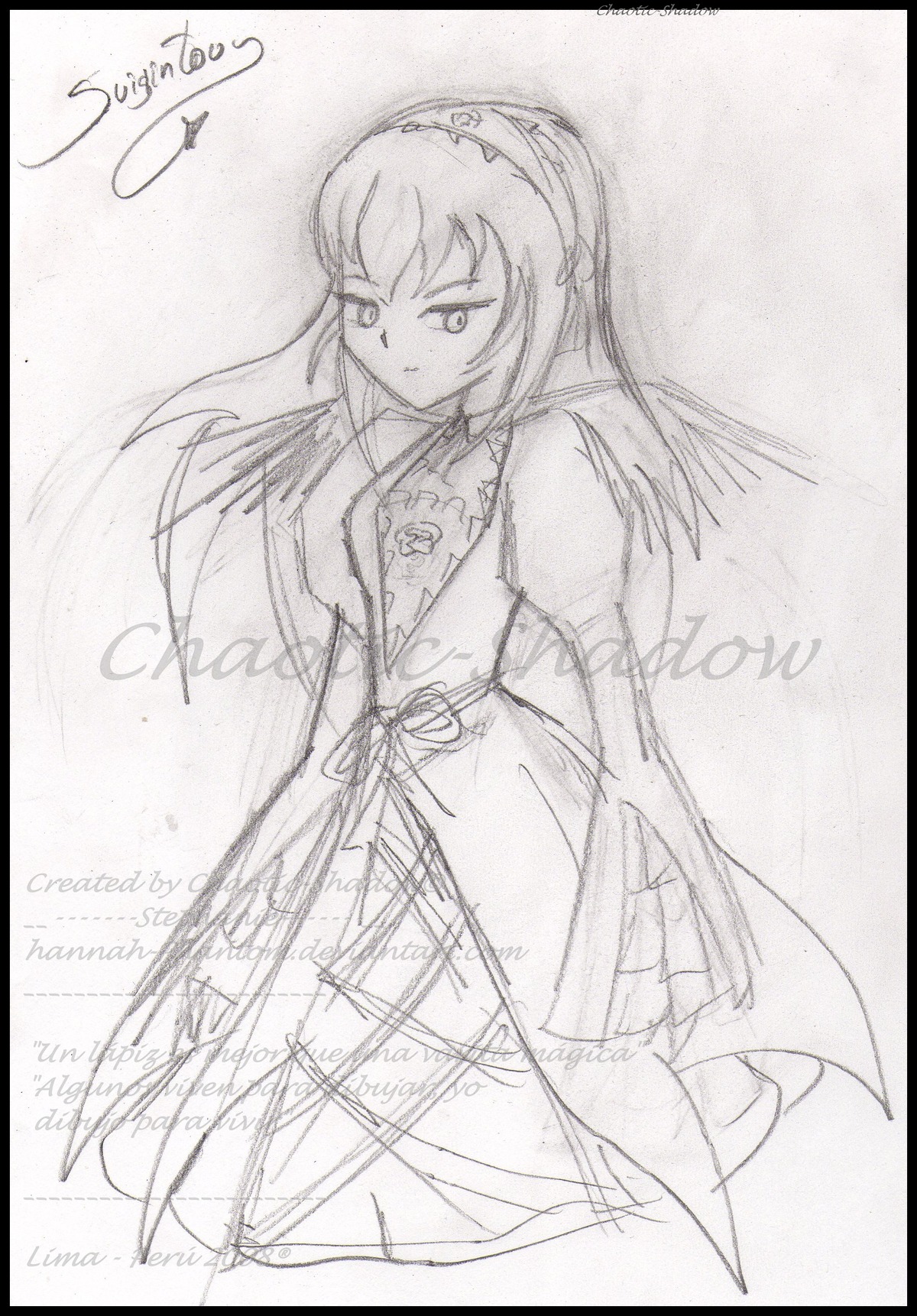 1girl black_border border dress elbow_gloves image letterboxed long_hair monochrome pillarboxed signature simple_background sketch solo suigintou white_background windowboxed