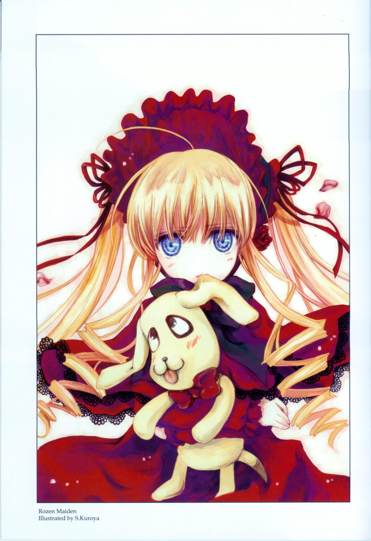 1girl blonde_hair blue_eyes dress holding image long_hair long_sleeves looking_at_viewer red_dress shinku solo stuffed_animal twintails very_long_hair